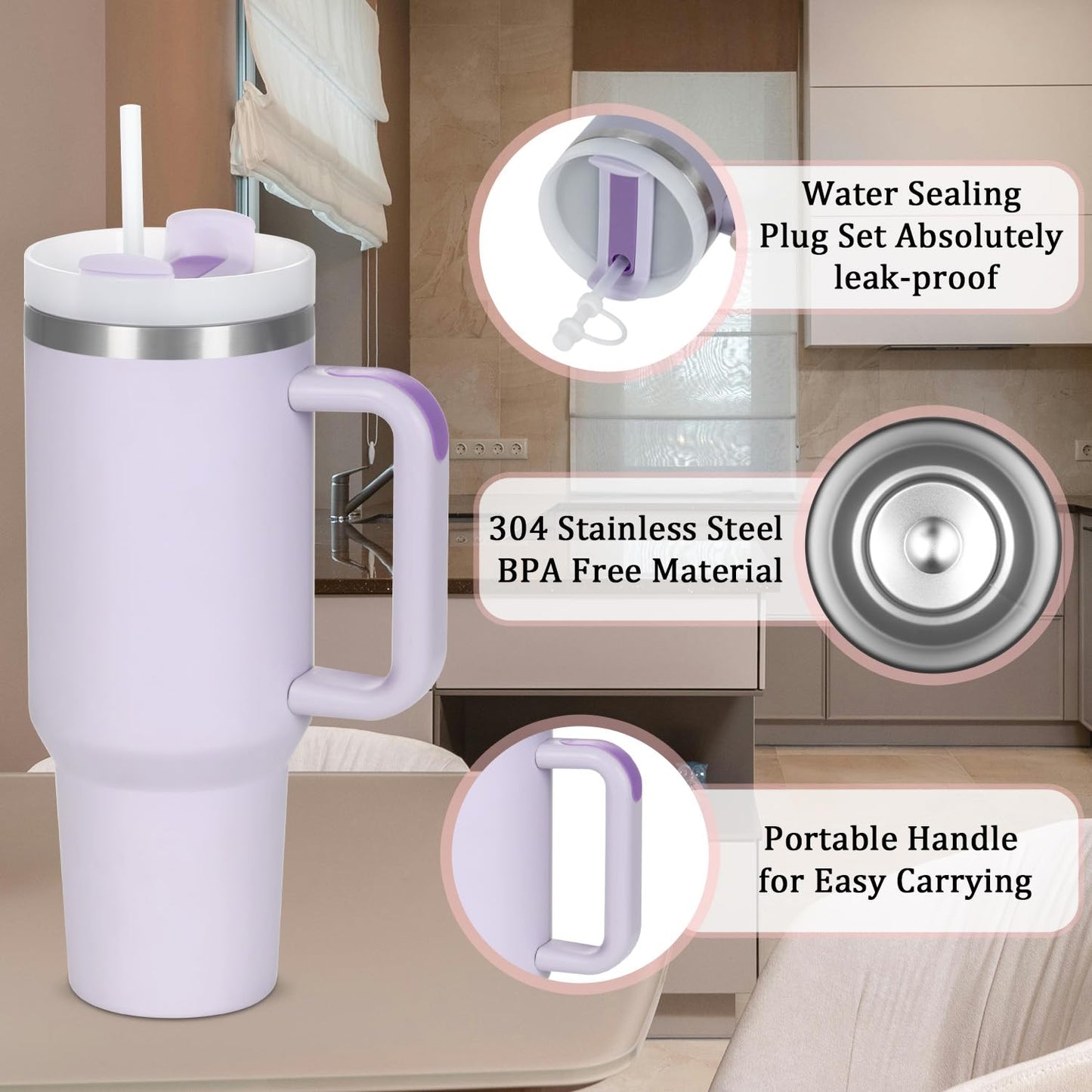 4 Pack 40 Oz Tumbler with Handle Bulk, Double Wall Vacuum Insulated Stainless Steel Tumbler with Lid and Straw, 40 oz cup with Silicone Spill Proof Stopper Set (Cream,Purple,Dark Green,Rose Quartz)