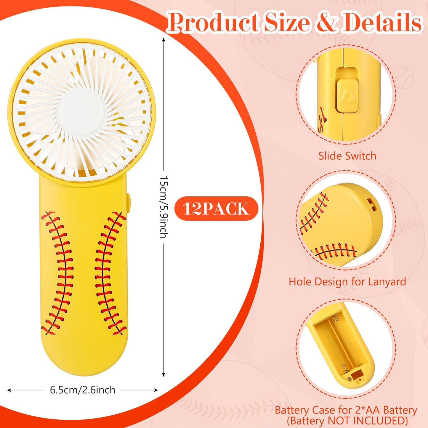 Honoson 12 Pcs Mini Portable Softball Fan Bulk Small Personal Handheld Fan with Lanyard for Team Gift Game Outdoor Sport Party Favors, Battery Not Include(Yellow)