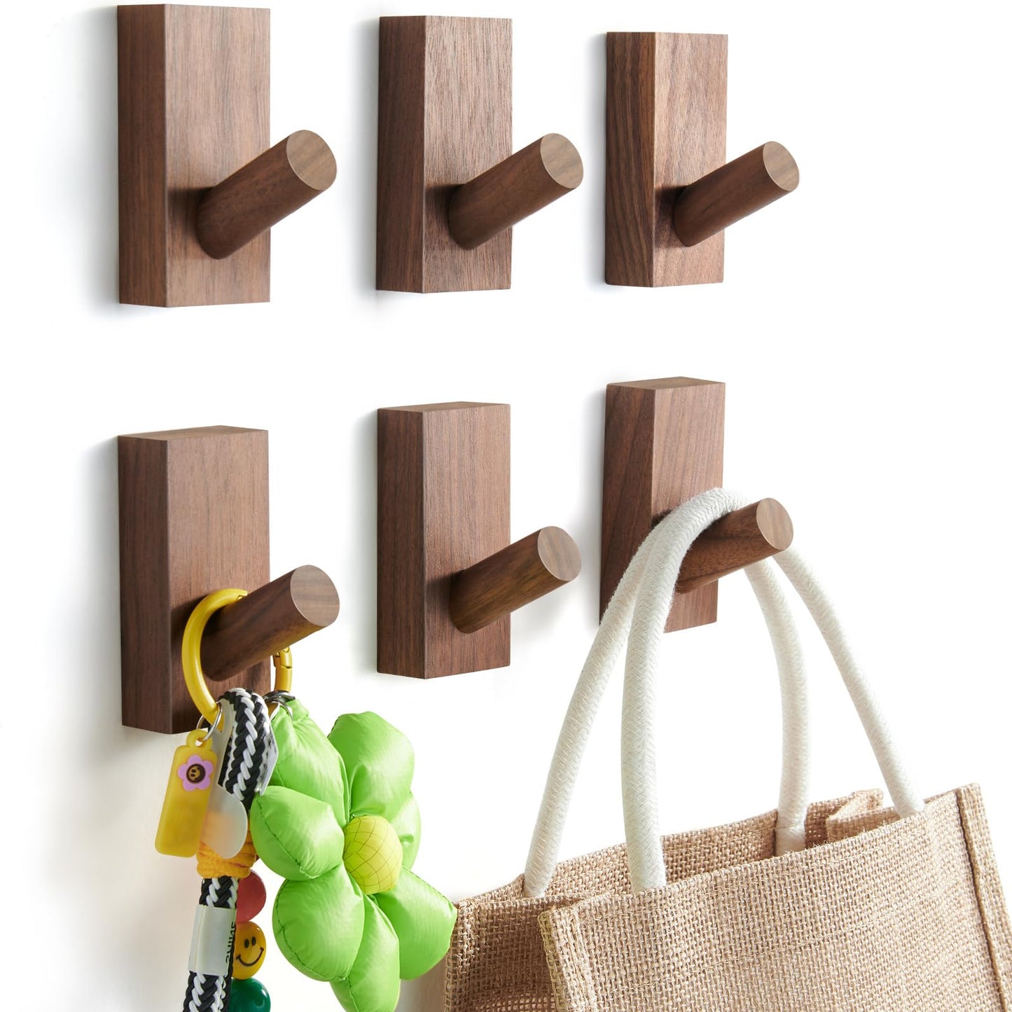 Felidio Natural Wooden Wall Hooks, Adhesive & Screw Mount Coat and Towel Hooks - Decorative Key Holder, Hat Rack, Stocking Wall Hangers for Bathroom Entryway Closet - 6 Pack, Walnut Wood