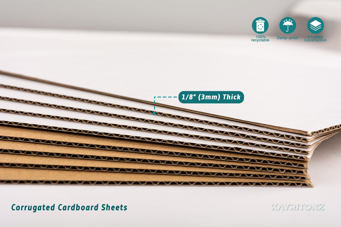 Kayritonz 12.5x12.5 inch Corrugated Cardboard Sheets - 12-inch LP Record Insert Pads for Shipping, Mailing, Packaging, Art Supplies, DIY Crafts, 1/8" Thick Protective Sheets, One-Side White, 50 PCS