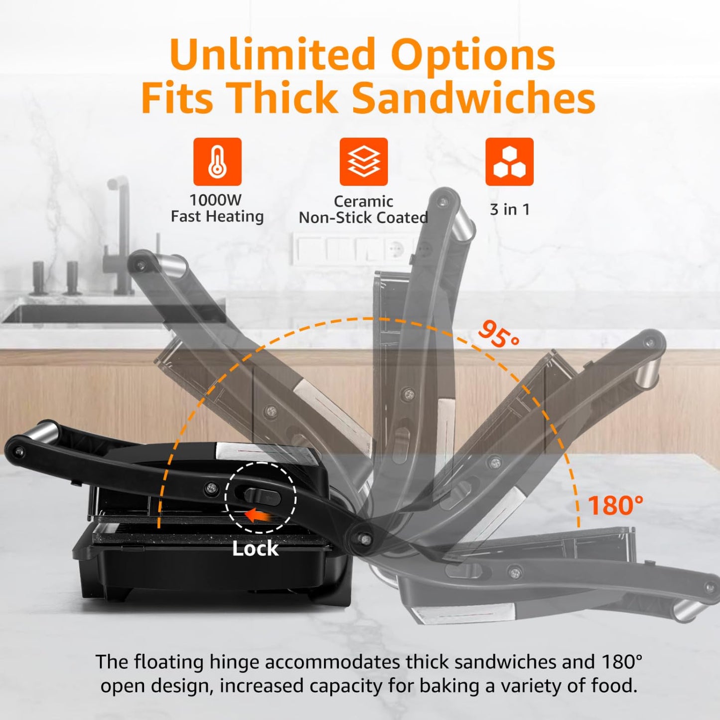 Panini Press Grill, Aigostar 1000W Sandwich Maker with Ceramic Non-stick Plates, Opens 180 Degrees for Any Size Food, 3-in-1 Sandwich Press Electric Grill, Drip Spout & Locking Lid, Sliver