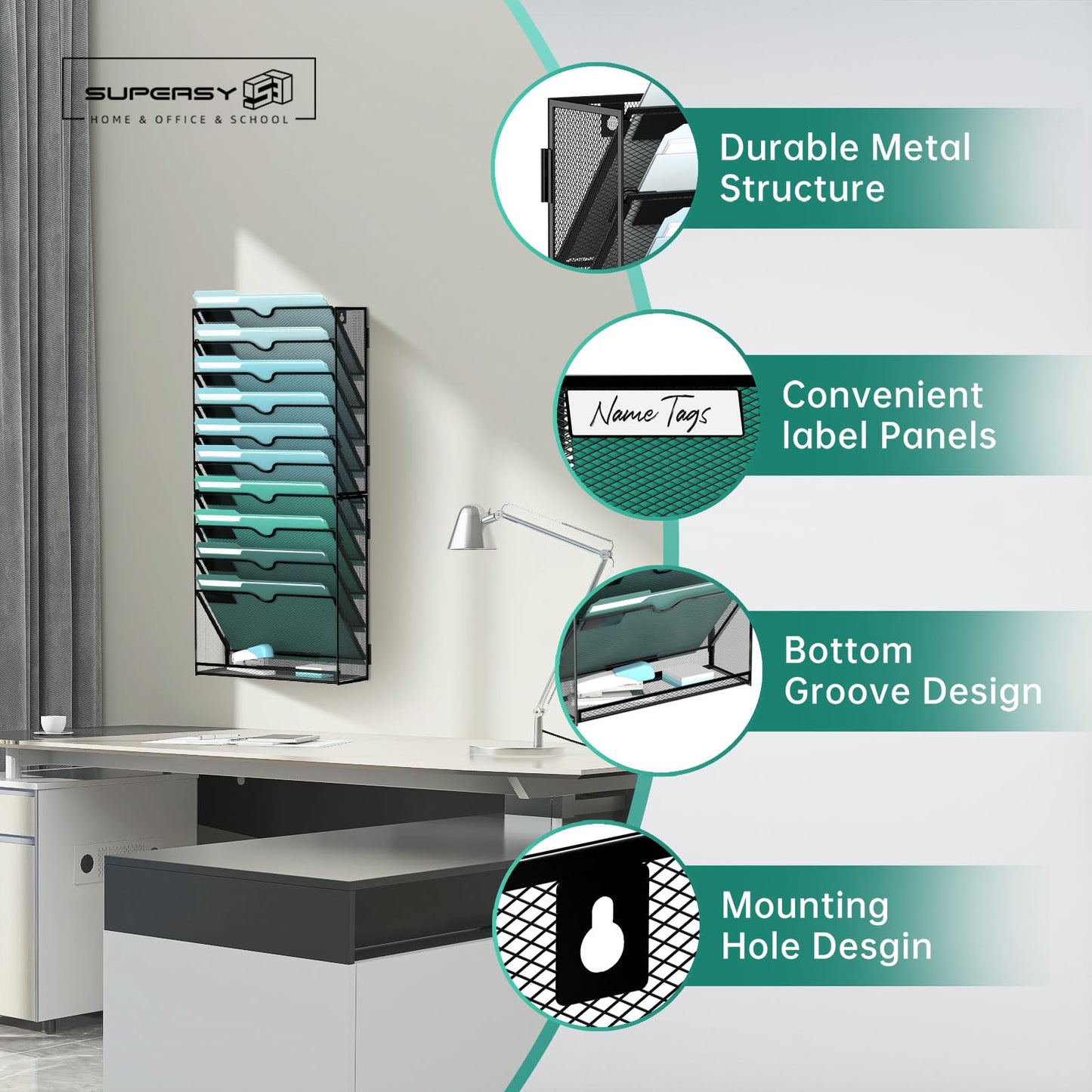 SUPEASY 11-Tier Wall File Organizer, Hanging Wall Files for Papers, Folders, Magazines, Wall Organizer for Clipboard, Assembly Needed, Black