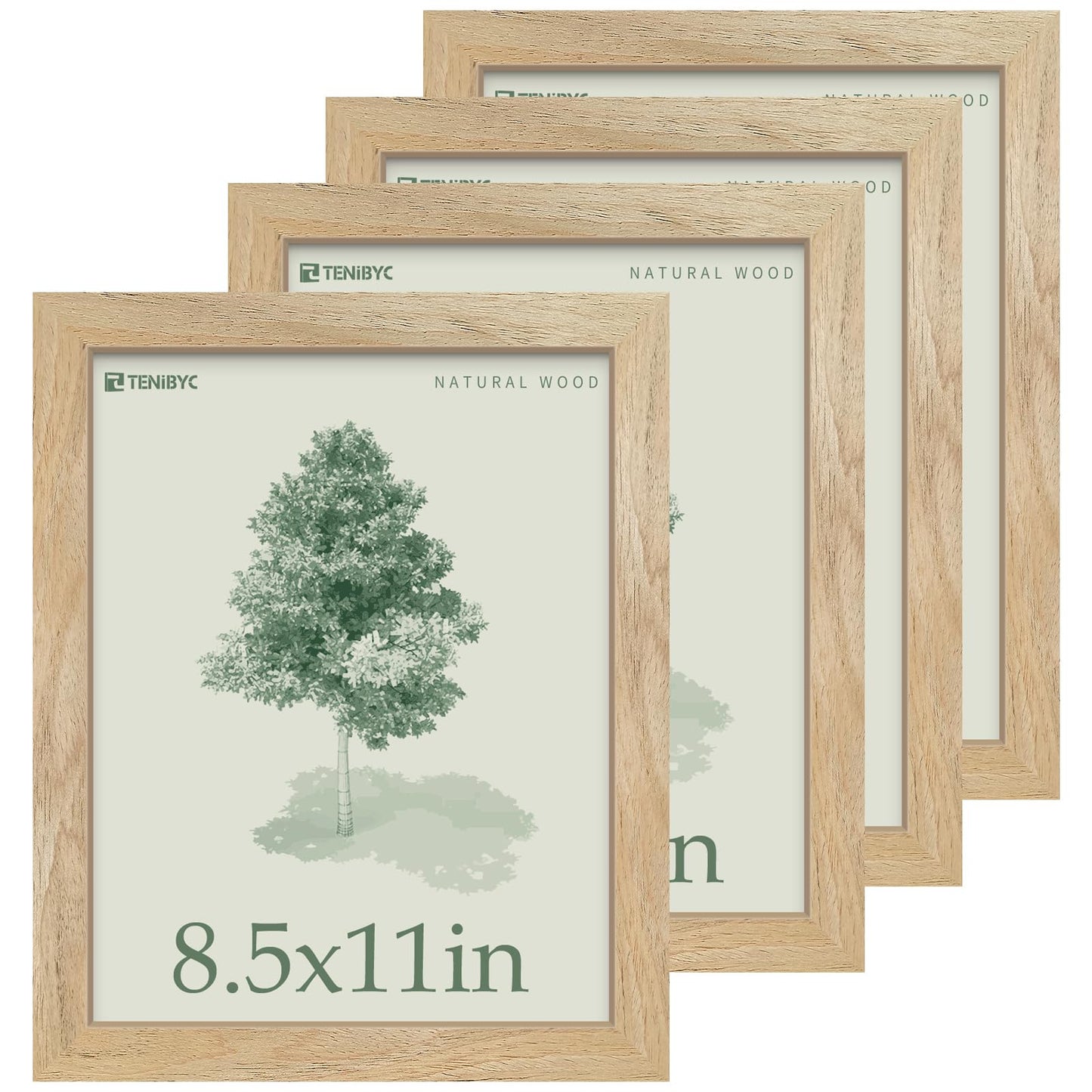 TENIBYC 8.5 by 11 Picture Frame Wood Set - 4 Pack, Natural Wood, HD Tempered Glass, Elegant Wood Grain Photo Frame, Table or Wall Display
