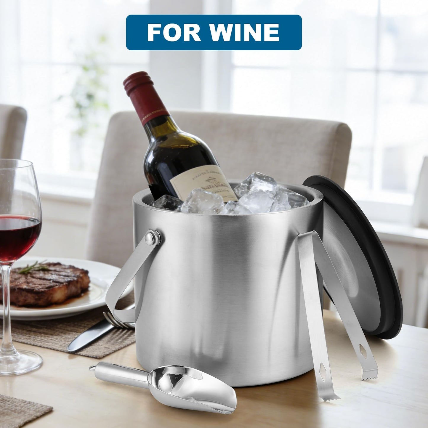 Berverra 5L Insulated Ice Bucket for Party,Portable Large Capacity Ice Buckets,Double-Wall Stainless stell Ice Container Keep Ice Cool,Champagne,Wine,Cocktail Beverage Bucket with Lid,Scoop & Tong