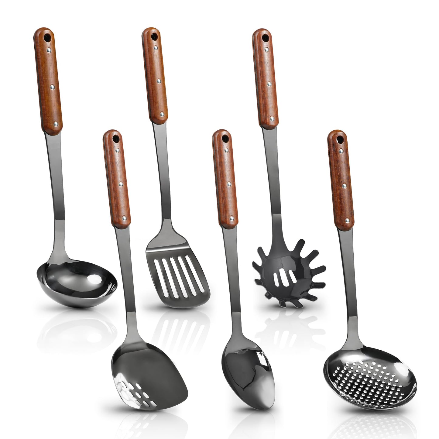 Stainless Steel Mirror Polished Kitchen Utensils Set - 6pcs Cooking Utensils Set with Wooden Handle, Heat Resistant Kitchen Tool Set for Cooking with Turners,Spatula,Ladle,Skimmer,Solid Spoon,Pasta