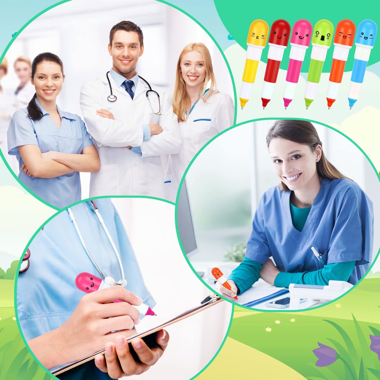 Lincia 200 Pcs Pen Pills Bulk Pharmacy Gifts Ballpoint Pen Cute Cartoon Emotion Ball Novelty Face Retractable for Nurse Week School Doctor, 6 Colors