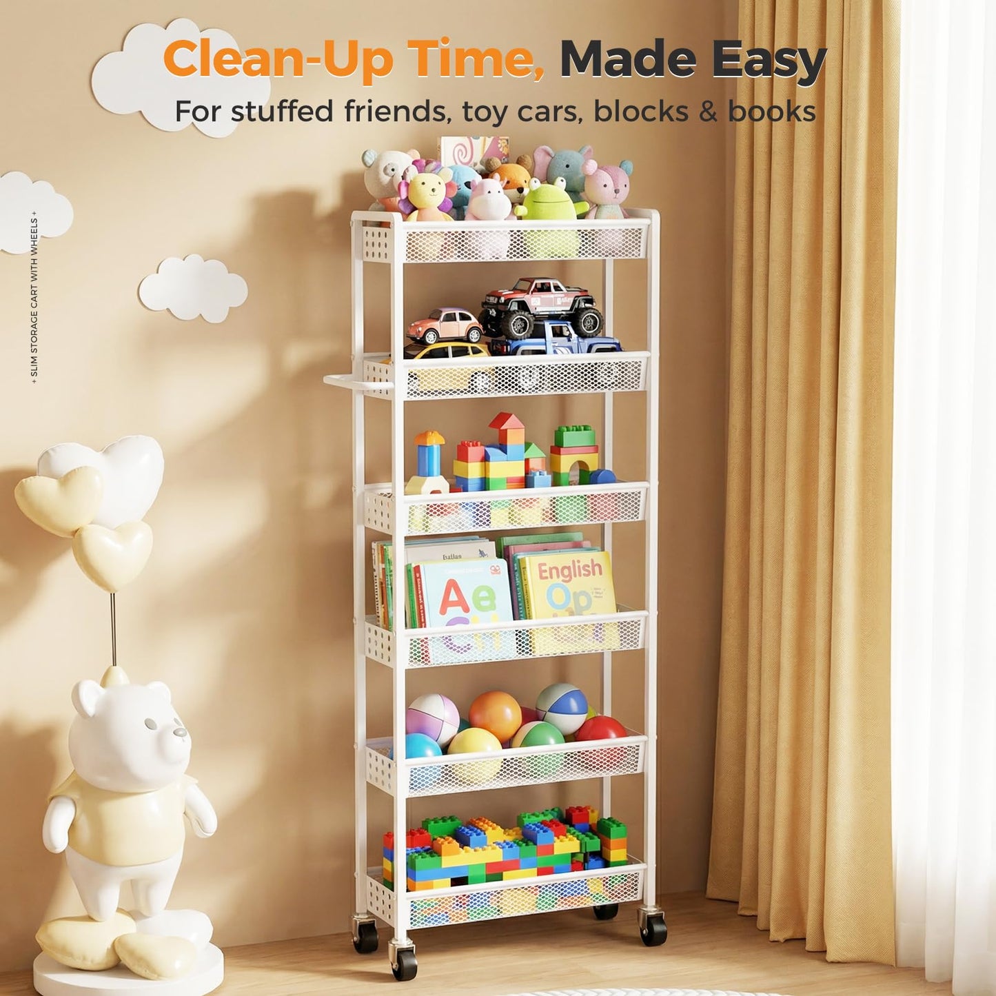 Xpatee 6 Tier Slim Storage Cart with Wheels, 6" D Rolling Storage Cart for Small Space, Metal Narrow Spice Cabinet Mobile Shelving Unit Organizer with Handle for Kitchen, Laundry - White