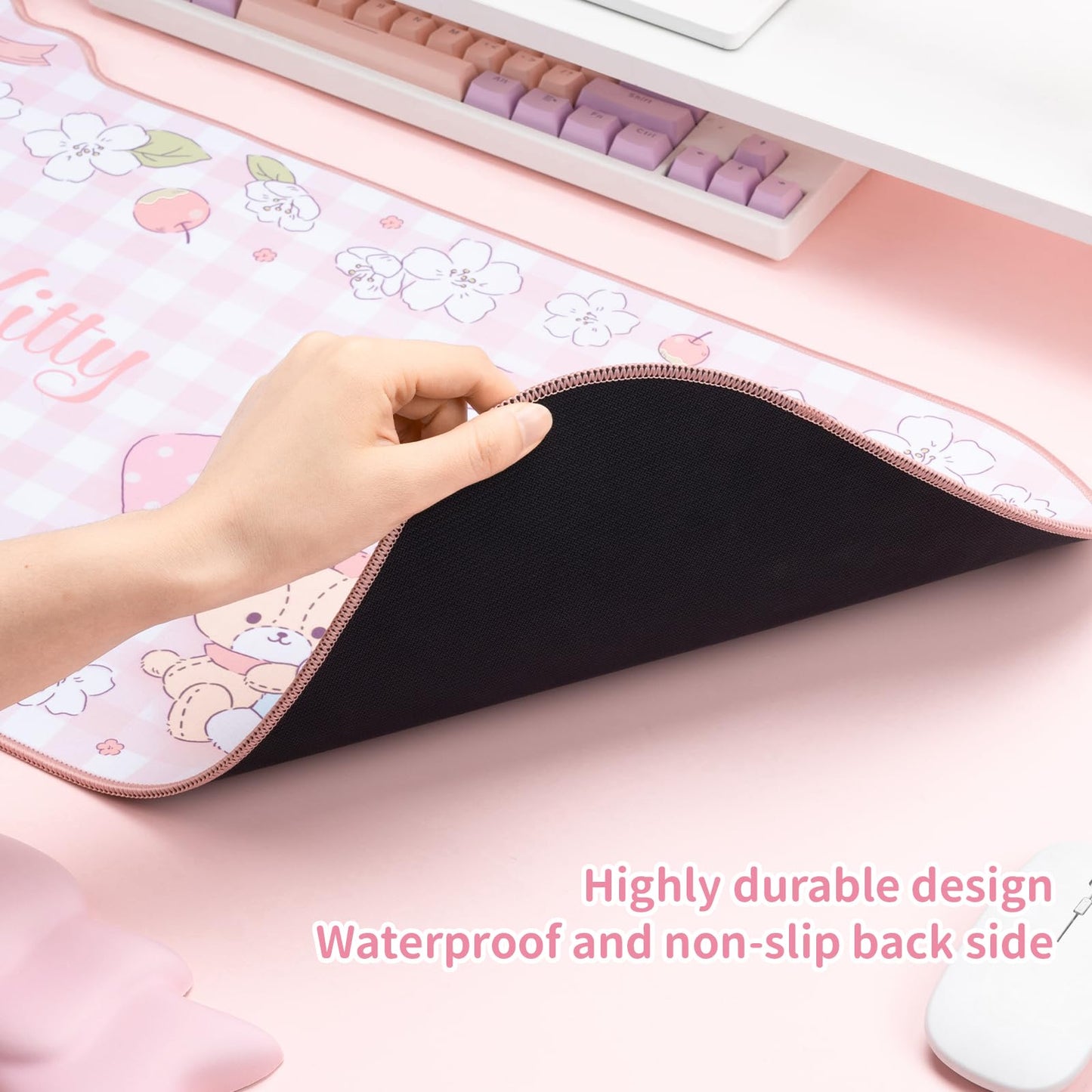 Kuitmor Kawaii Anime Mouse Pad Wrist Rest Support Set - Non-Slip Desk Mat and Memory Foam Bowknot Wrist Rest for Keyboard and Mouse,Perfect for Gaming or Home Office Work - FlowerCat