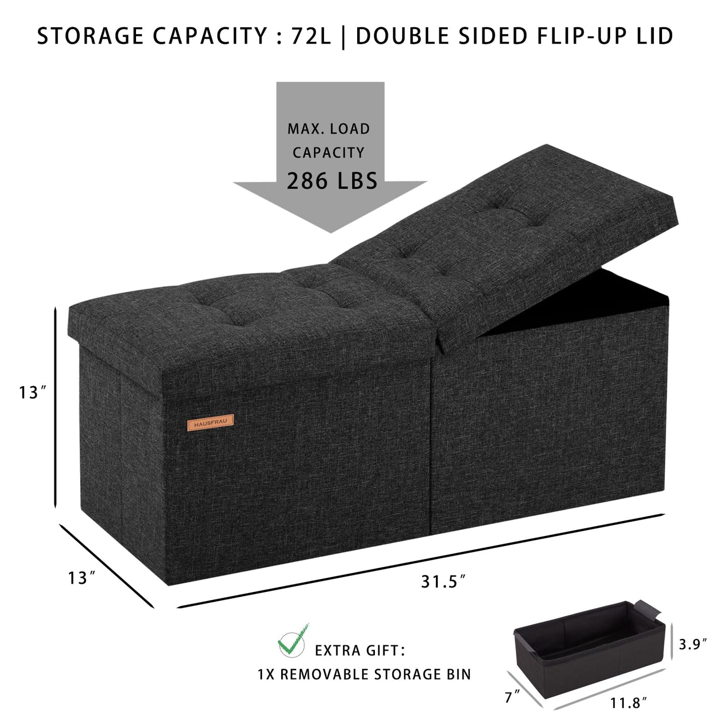 HAUSFRAU 31.5 Inches Ottoman with Storage, Folding Ottoman Bench Small Foot Rest Stool, Bedroom Bench with Flipping Lid, Linen Black