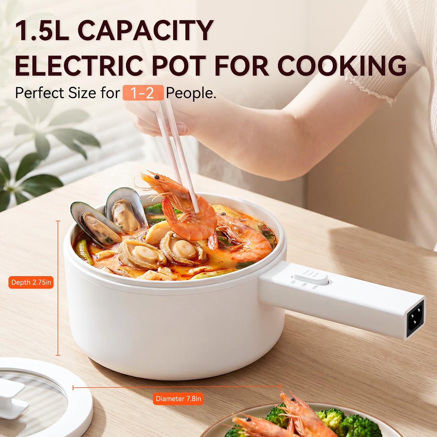 olayks Electric Hot Pot, 1.5L Mini Hot Pot, Ceramic Glaze Non-stick Portable Pot, Electric Pot for Steak, Egg, Fried Rice, Oatmeal, Soup, Ramen with Dual Power Control, Electric Pot for Dorm