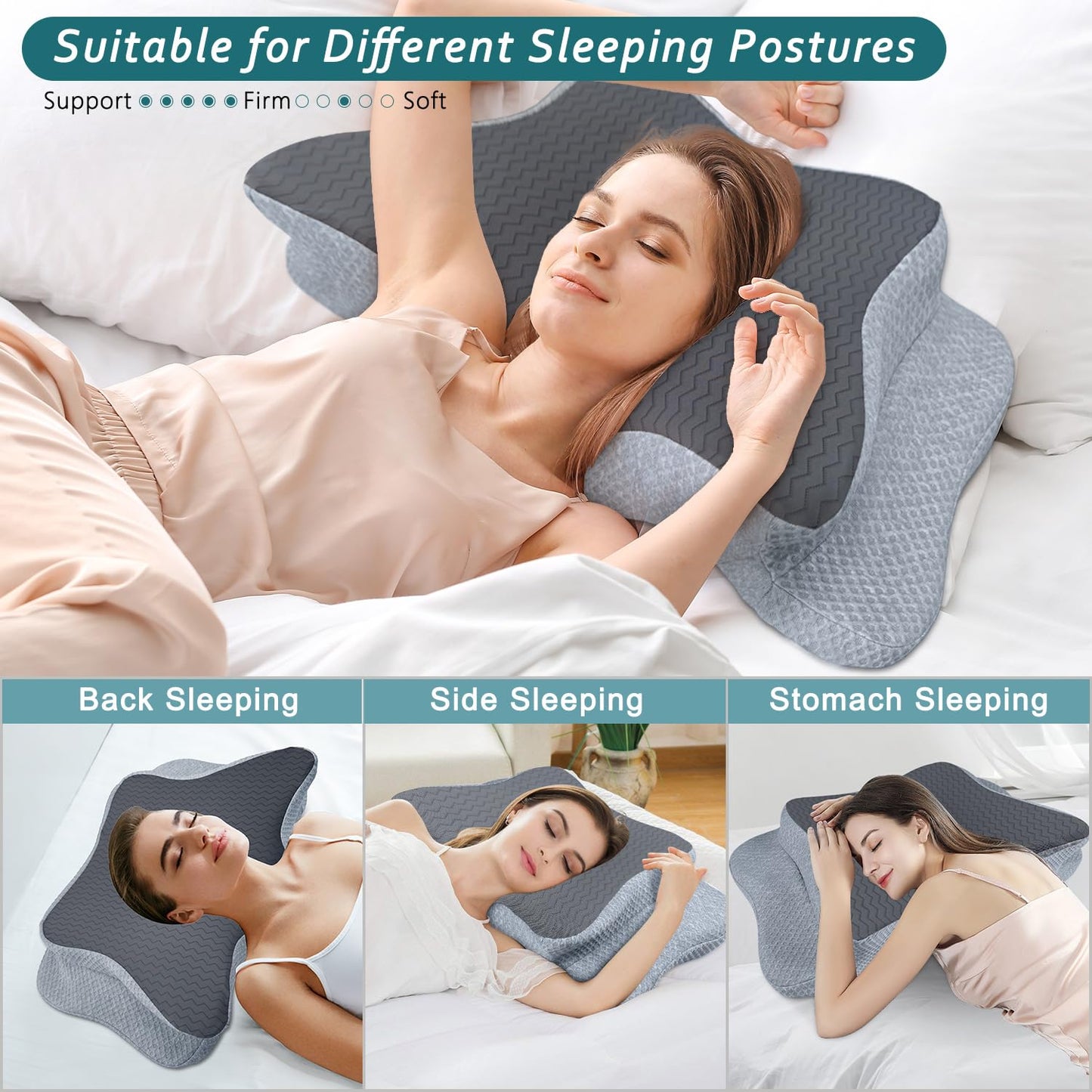 CHxxy Cervical Pillow for Neck Pain Relief, Memory Foam Pillows, Ergonomic Contour Bed Pillow, Soft for Side Sleep Stomach Sleeping and Back Sleepers-Queen Size Grey&Grey