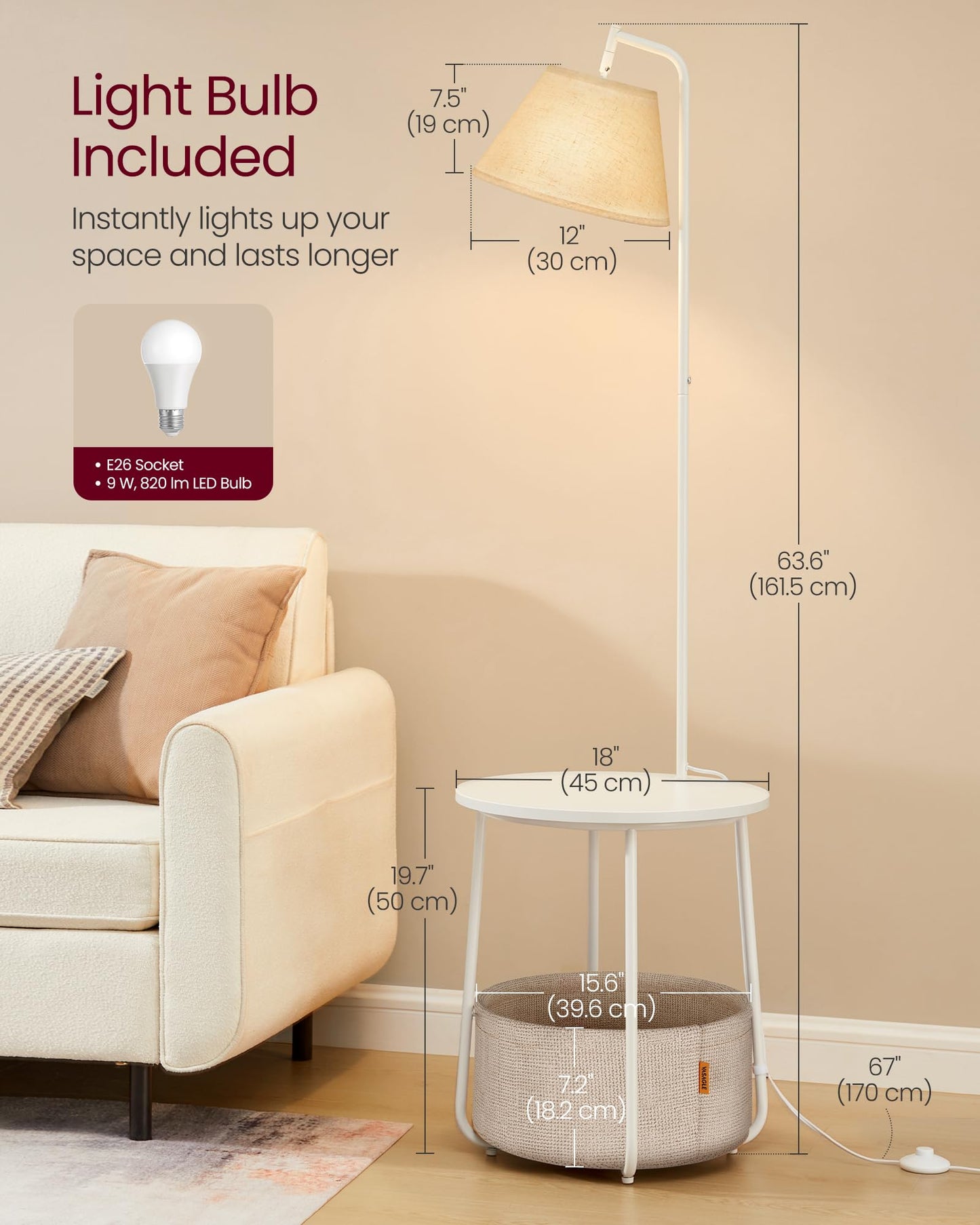 VASAGLE End Table with Lamp, 3-in-1 Floor Lamp with Table and Fabric Basket for Living Room, Tunable LED Bulb Included, Angle-Adjustable Lampshade, Matte White ULFL004WC01S