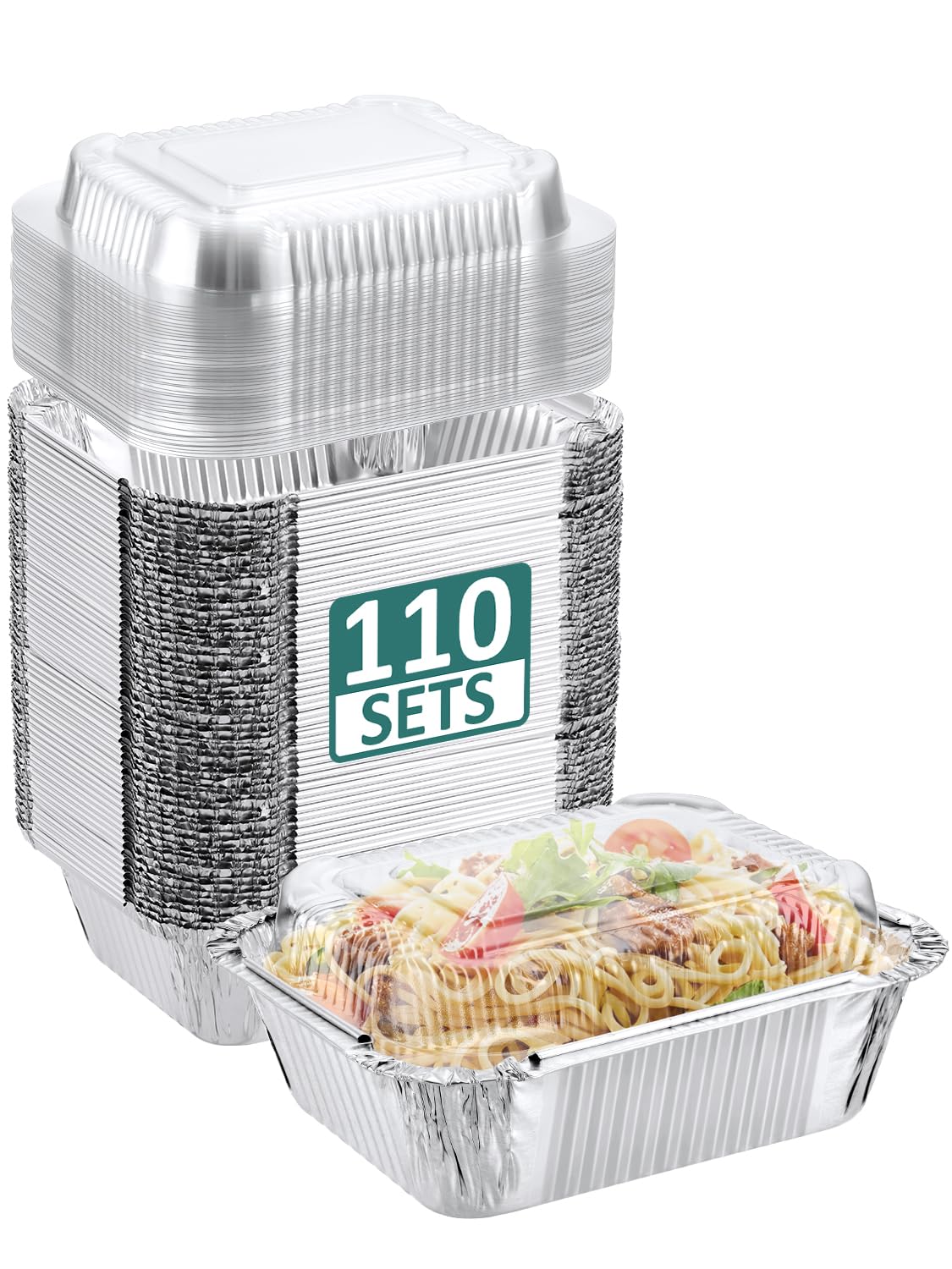 NEEBAKE 110 Pack 5x4 Disposable Small Aluminum Pans with Dome Lids - 1lb-Mini-Aluminum-Foil-Pans-Tin-Foil-Takeout-Trays-Food-To-Go-Containers-for-Meal-Prep-Cooking-Roasting-Heating-Baking