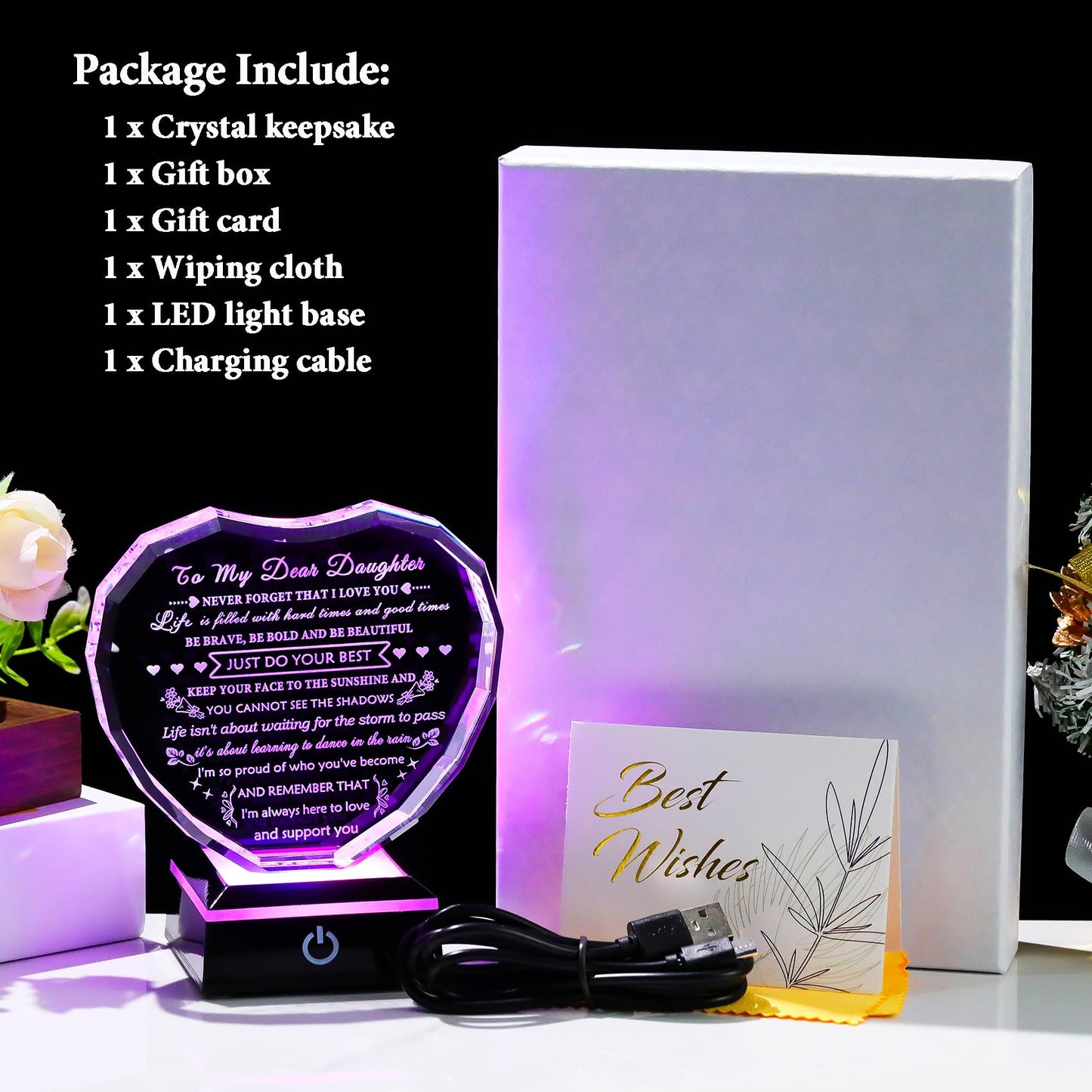 YWHL Meaningful Daughter Gifts from Mom Dad, Birthday Gifts for Adult Daughter Heart Crystal Keepsake with Colorful Light Base, to My Daughters Present on Christmas Graduation Valentine Day
