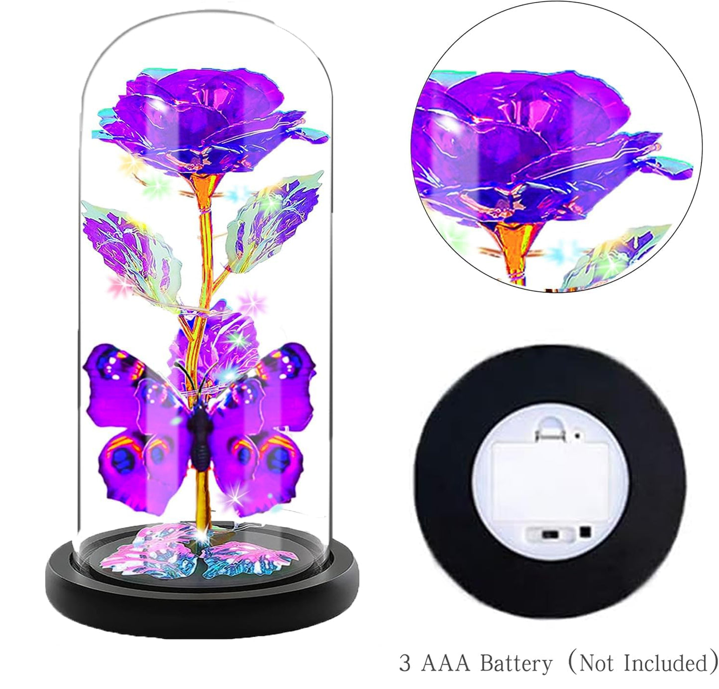 Rose Glass Flowers Gifts, Galaxy Crystal Light Up Rose Flower in A Glass Dome, Birthday Gifts for Women Mom Sister Wife Her Girlfriend Grandma Mothers Valentines Day Roses Presents, Purple Butterfly