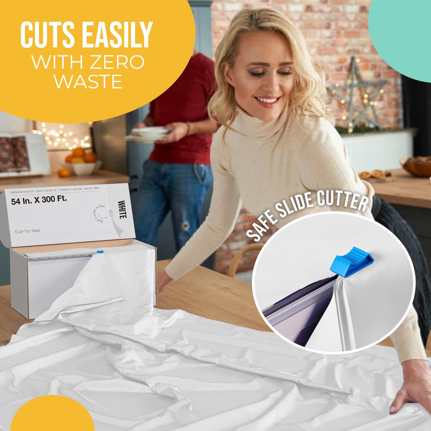 Party Solids 54 Inch X 300 Feet White Plastic Table Cover Roll in A Cut - to - Size Box with Convenient Slide Cutter. Cuts Up to 36 Rectangle 8 Feet Plastic Disposable Tablecloths
