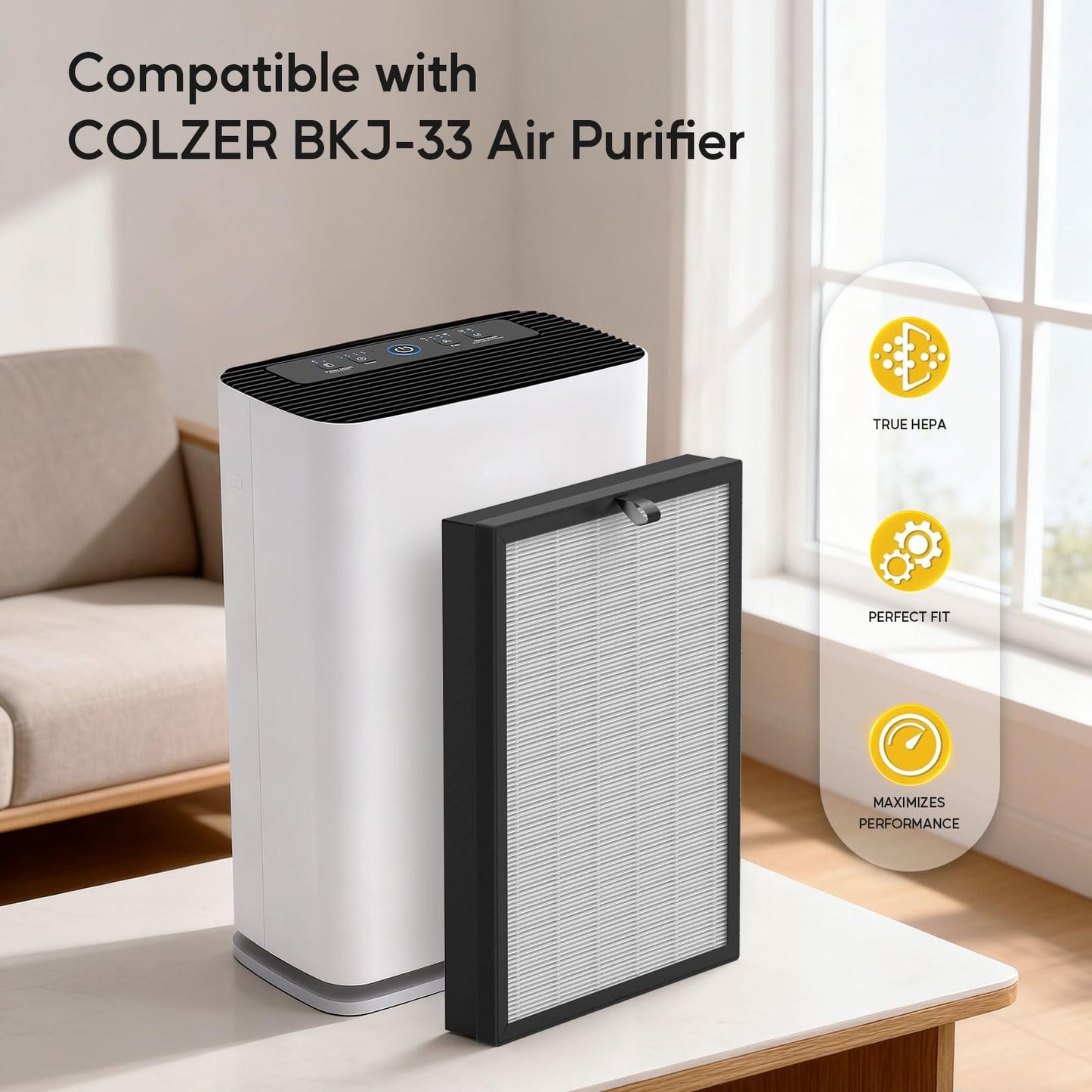 FMDZFL 2 Pack BKJ-33 Replacement Filter Compatible with COLZER BKJ-33 Air Purifier, High Efficiency 3-in-1 H13 True HEPA Filtration