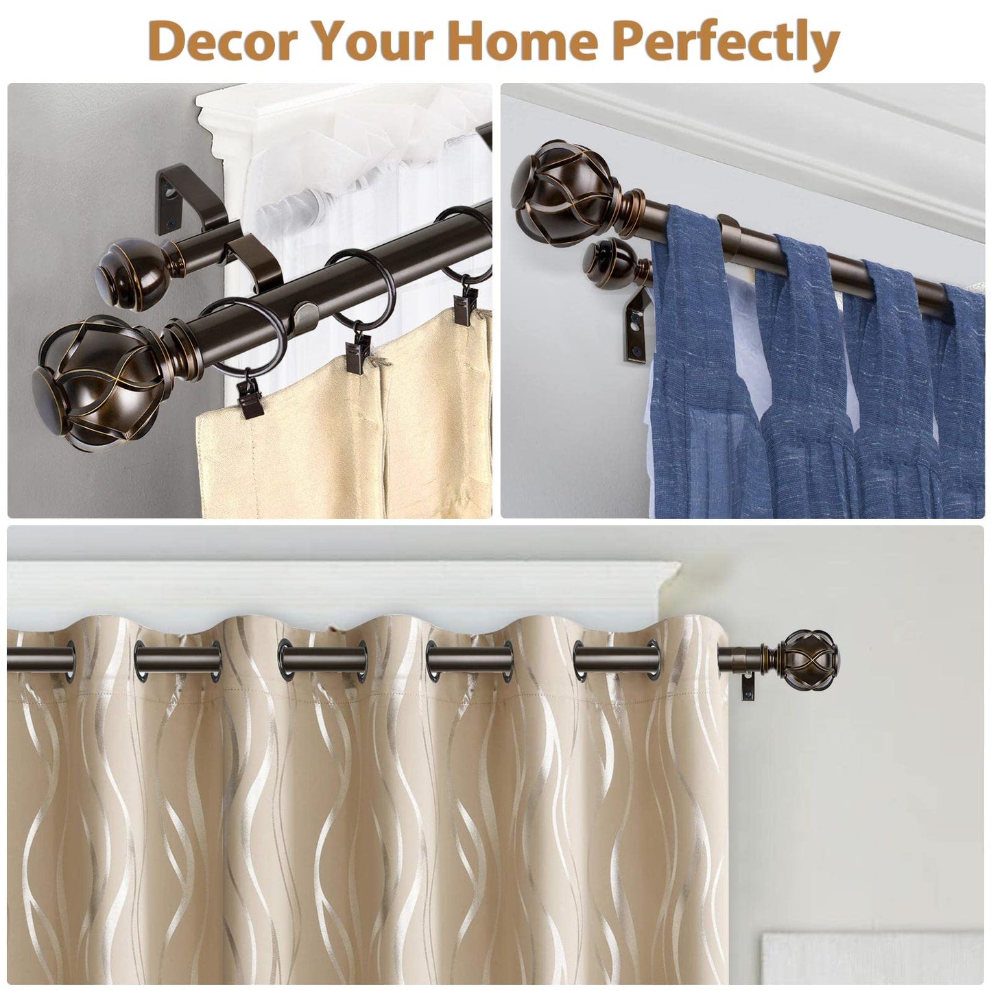 KAMANINA 1 Inch Double Curtain Rods 72 to 144 Inches (6-12 Feet) Telescoping Heavy Duty Drapery Rod for Windows 66 to 120, Netted Texture Finials, Antique Bronze, Fewer Rods, Easier Install