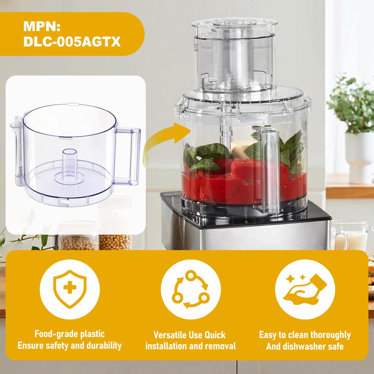 DLC-005AGTXT1 Replacement 14-Cup Food Processor Work Bowl with Gray Handle Compatible With Cuisinart DFP-14, for Cover DFP-14NWBCT1 NOTE: 4 Tabs on Top Rim of Workbowl