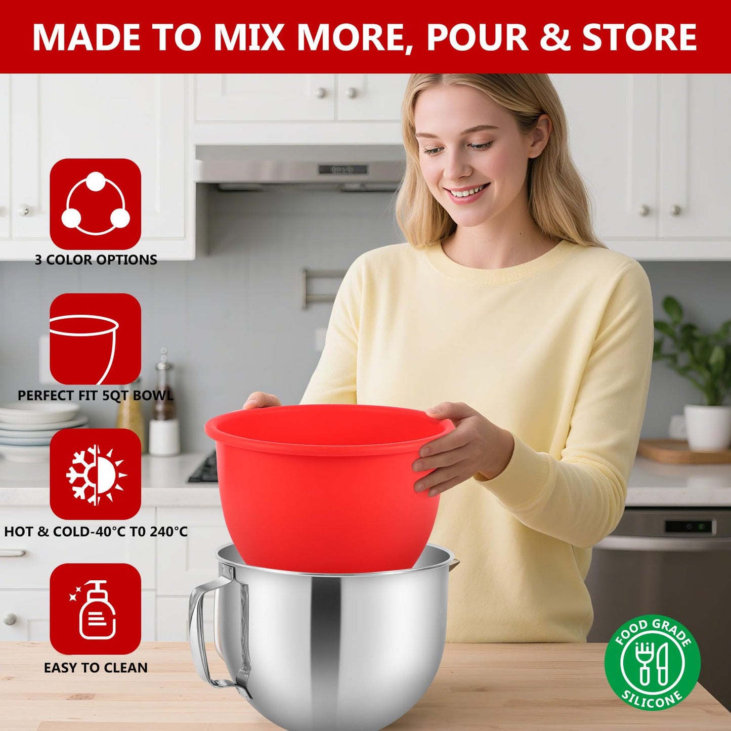 LETOMS Silicone Bowl Liner for KitchenAid Tilt-Head 5QT Mixers - 3 Liners & 3 Lids Included, Leak-Proof Sealing Design, Easy-to-Replace Food-Grade Silicone Bowls (Not for Bowl-Lift Models)