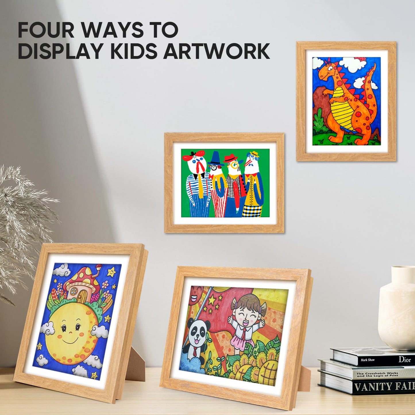 sixzerone [3-Pack Kids Artwork Frames Changeable - Front Opening Holds 150,Children Art Projects Kids Art Frames,10x12.5 Child Picture Frame for Display,With Storage(Wood)