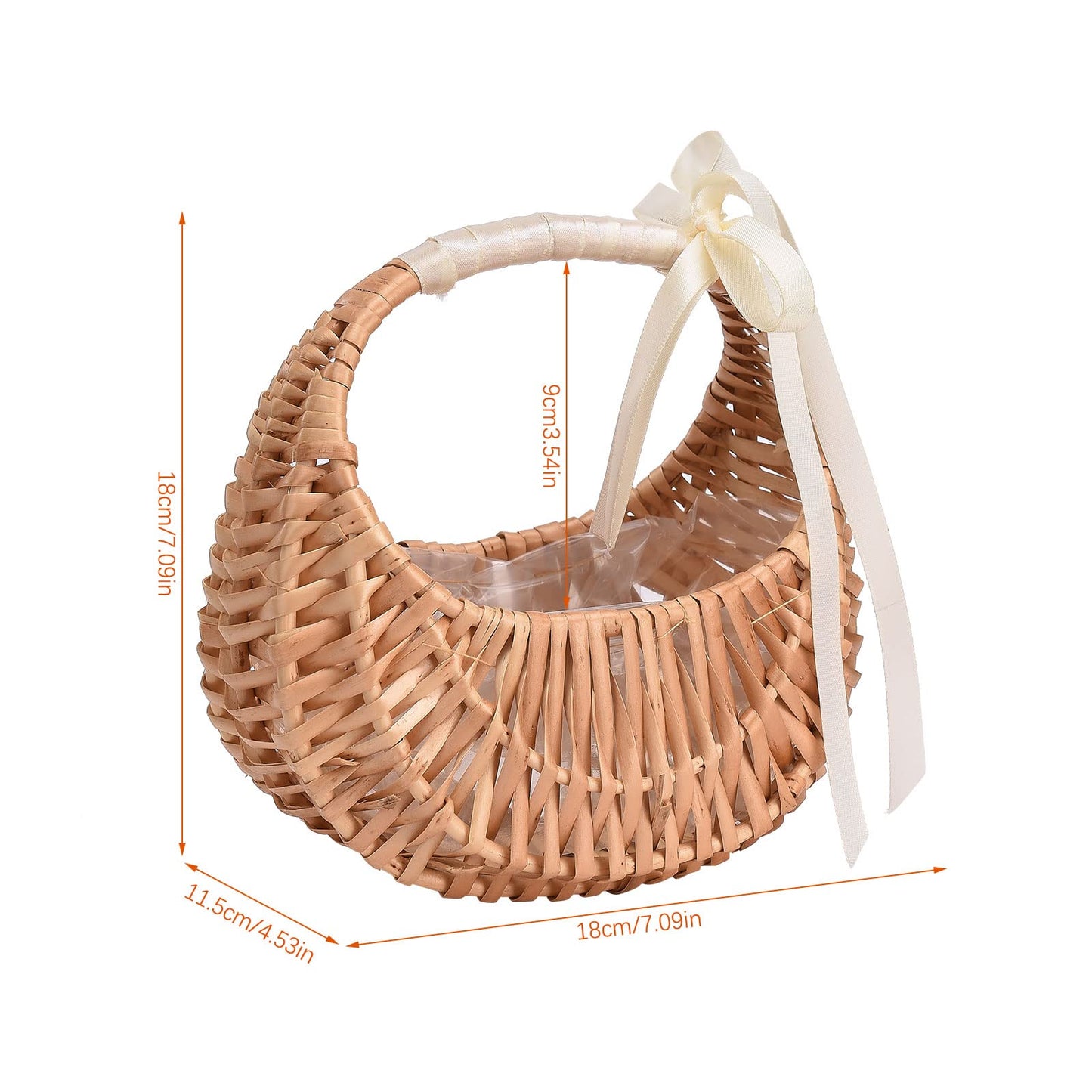 2 PCS Wicker Rattan Flower Baskets Small Half Moon Wicker Basket with Handle and Ribbons Wedding Flower Girl Straw Basket Willow Woven Storage for Wedding Party Decor(Brown) (2)