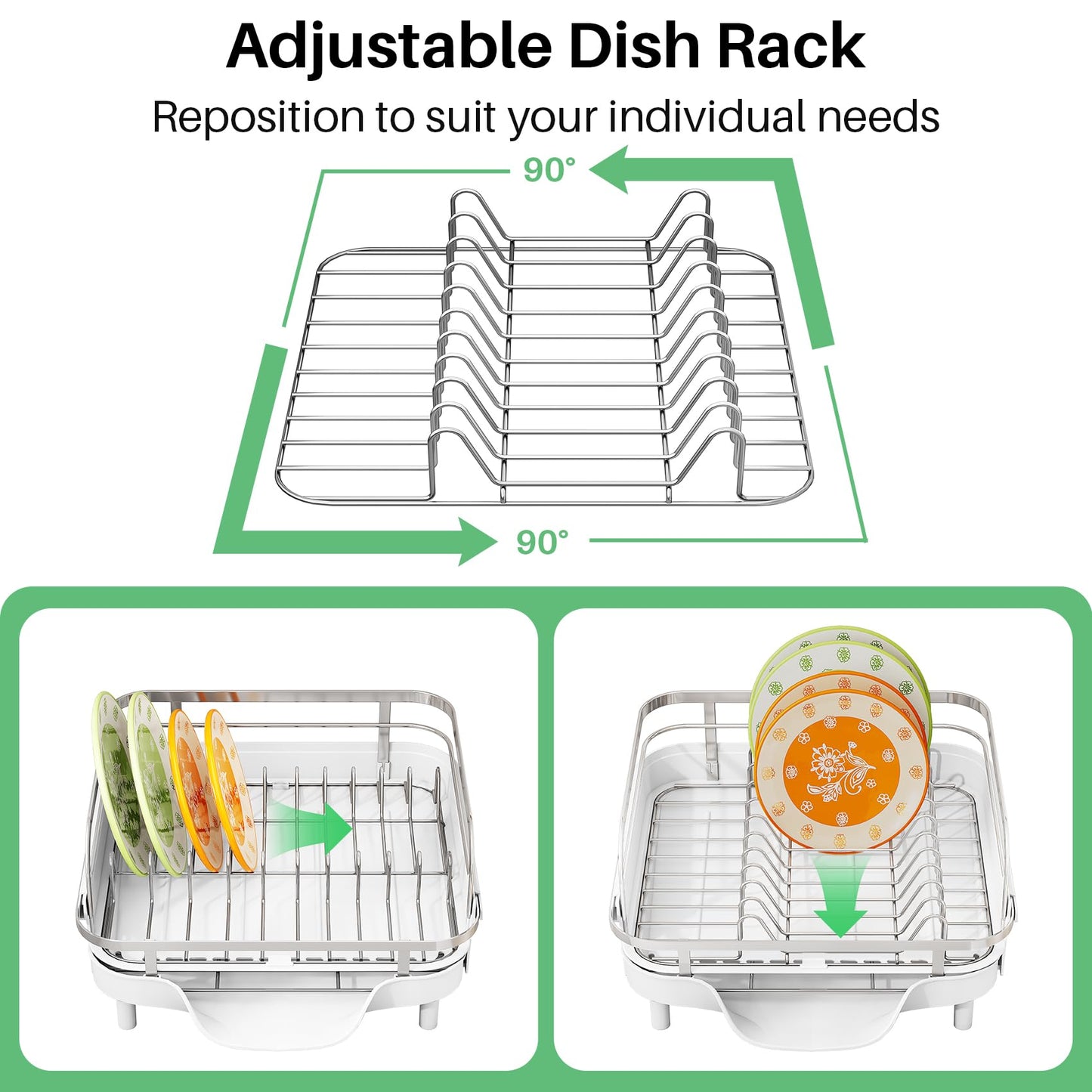 SAYZH Dish Drying Rack - Expandable Dish Rack for Kitchen Counter, Rust-Resistant Dish Drainer with Utensil Holder and Raised Guardrail, Kitchen Organizer for Cup and Bottle (White)