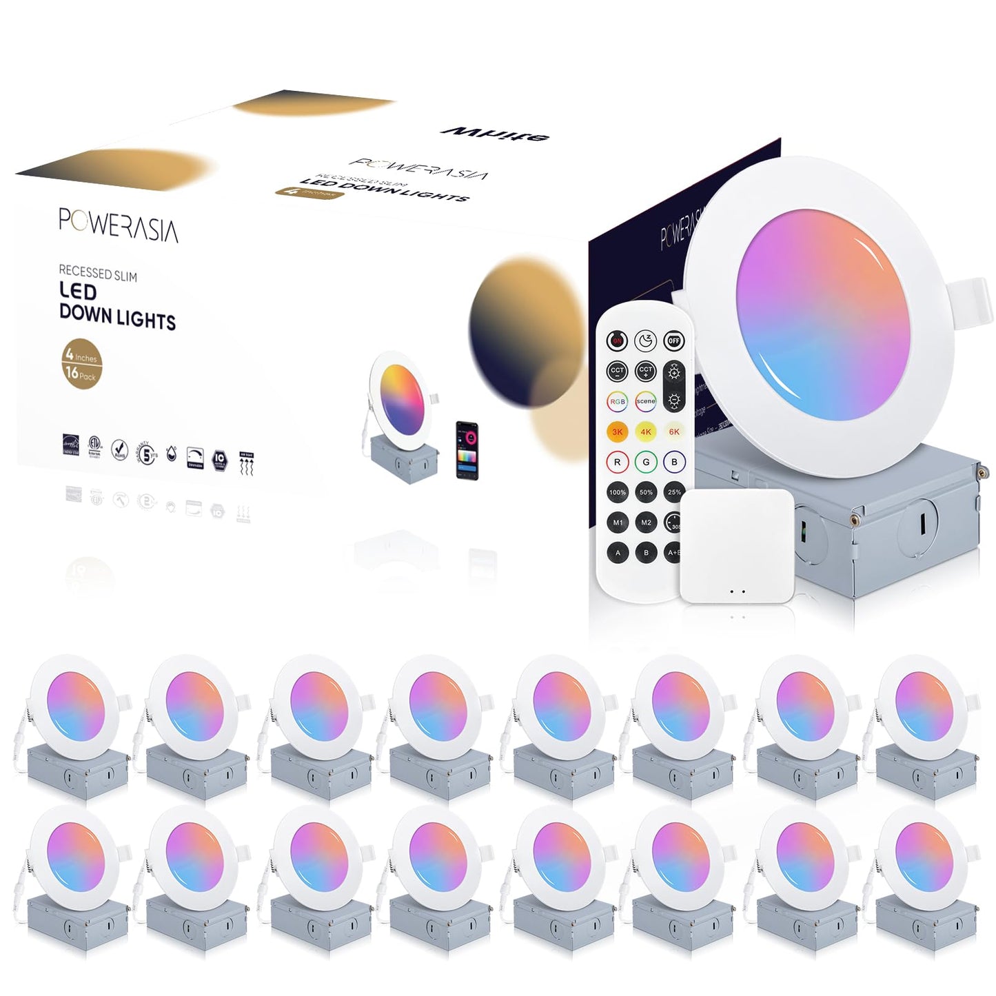 16 Pack Smart Recessed Lighting 4 Inch, Ultra-Thin LED Recessed Lighting 9W 700LM Smart Downlight with Junction Box, Compatible with Alexa/Google Assistant, Hub Included - ETL and Energy Star