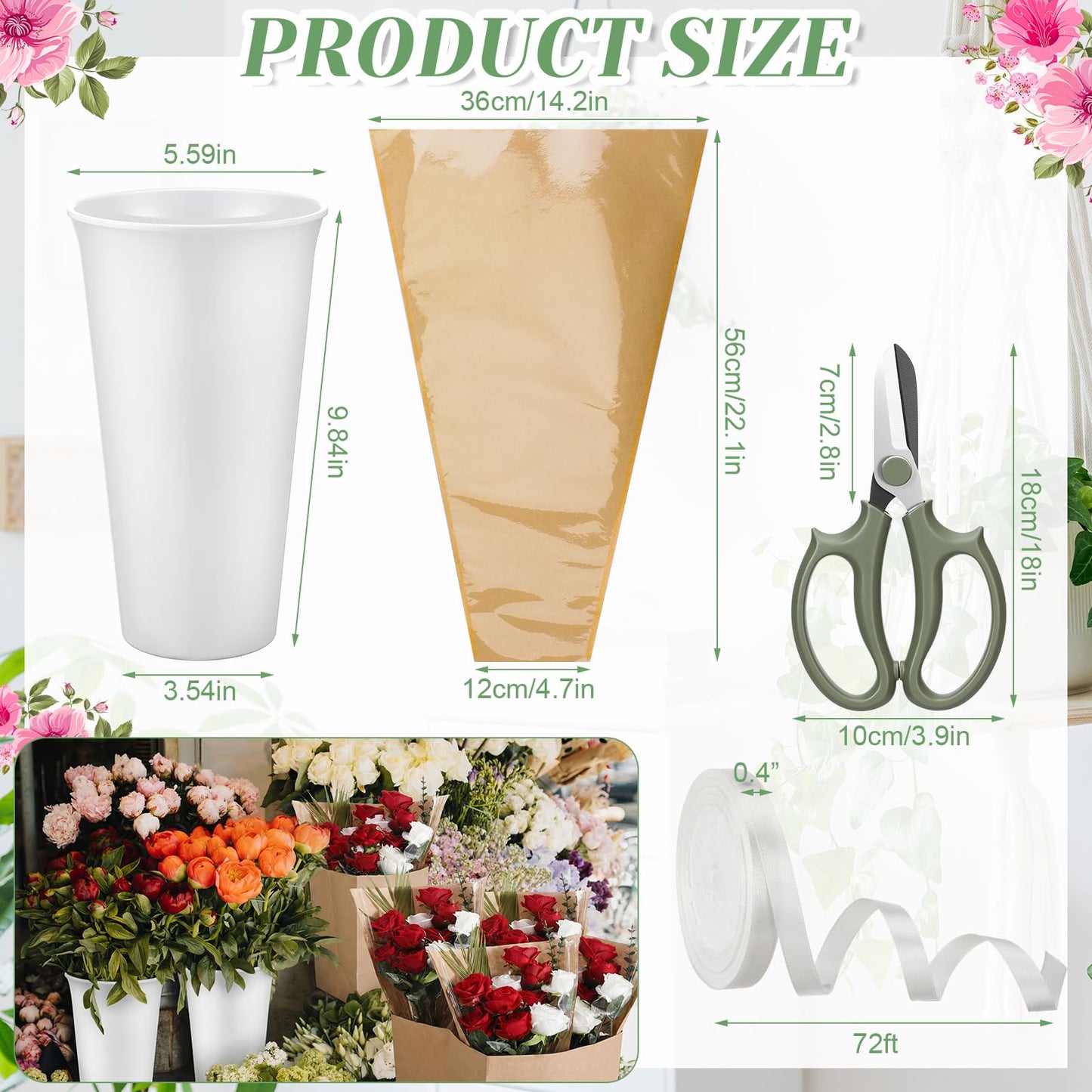 LemonRoad 60 Pcs Flower Bar Buckets Set Kit Include Clear Kraft Flower Bouquet Gift Bags Wrapping Sleeves, 9.84' Plastic Flowers Bucket, Scissors Ribbon for Bar Supplies Wedding Bridal Shower Decor