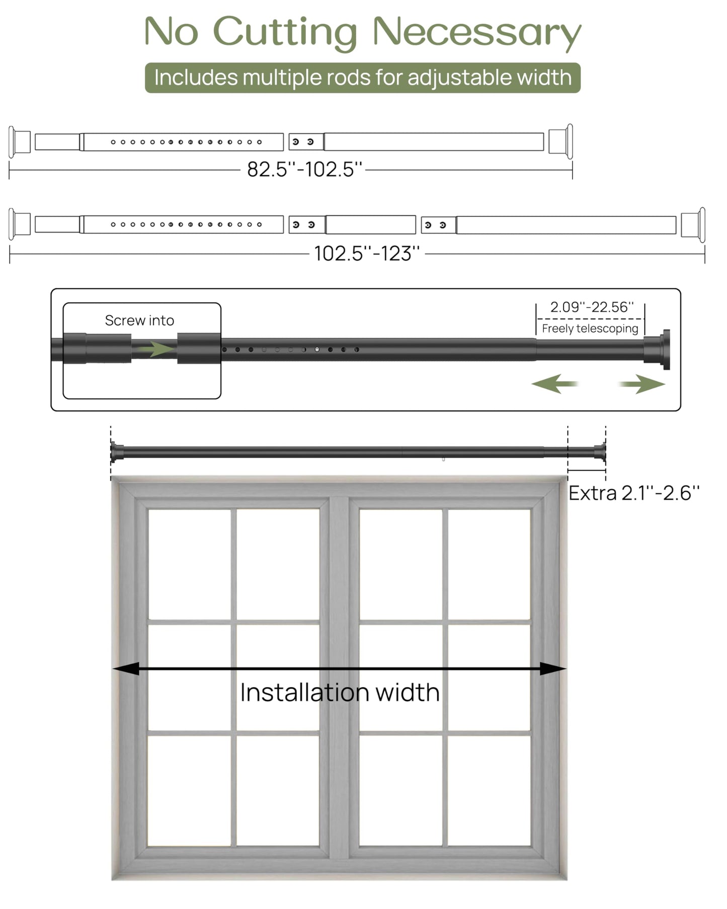 ALLZONE Tension Curtain Rod for Window, 83-123 Inches, Heavy Duty Curtain Rods No Drilling, Non-Slip Bathroom Shower Tension Rod, Renter Friendly, Adjustable, Spring Loaded, Extra Long, Black