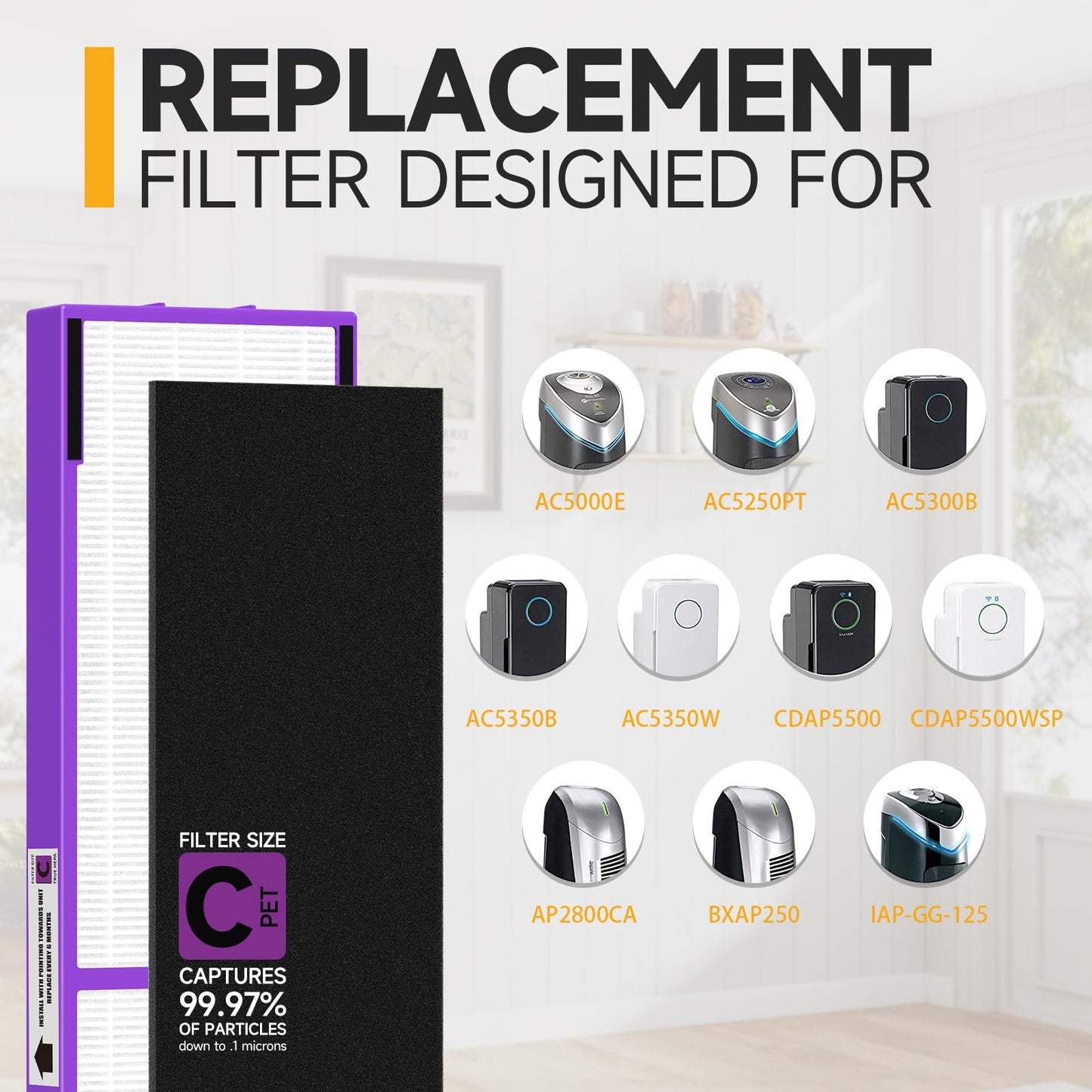 FLT5250PT True HEPA Replacement Filter C Pet, Compatible with Germ-Guardian AC5250PT, AC5000E, AC5300B, AC5350W, AC5350B, CDAP5500 Air Purifiers, 4 HEPA Filter and 8 Pre-Filters