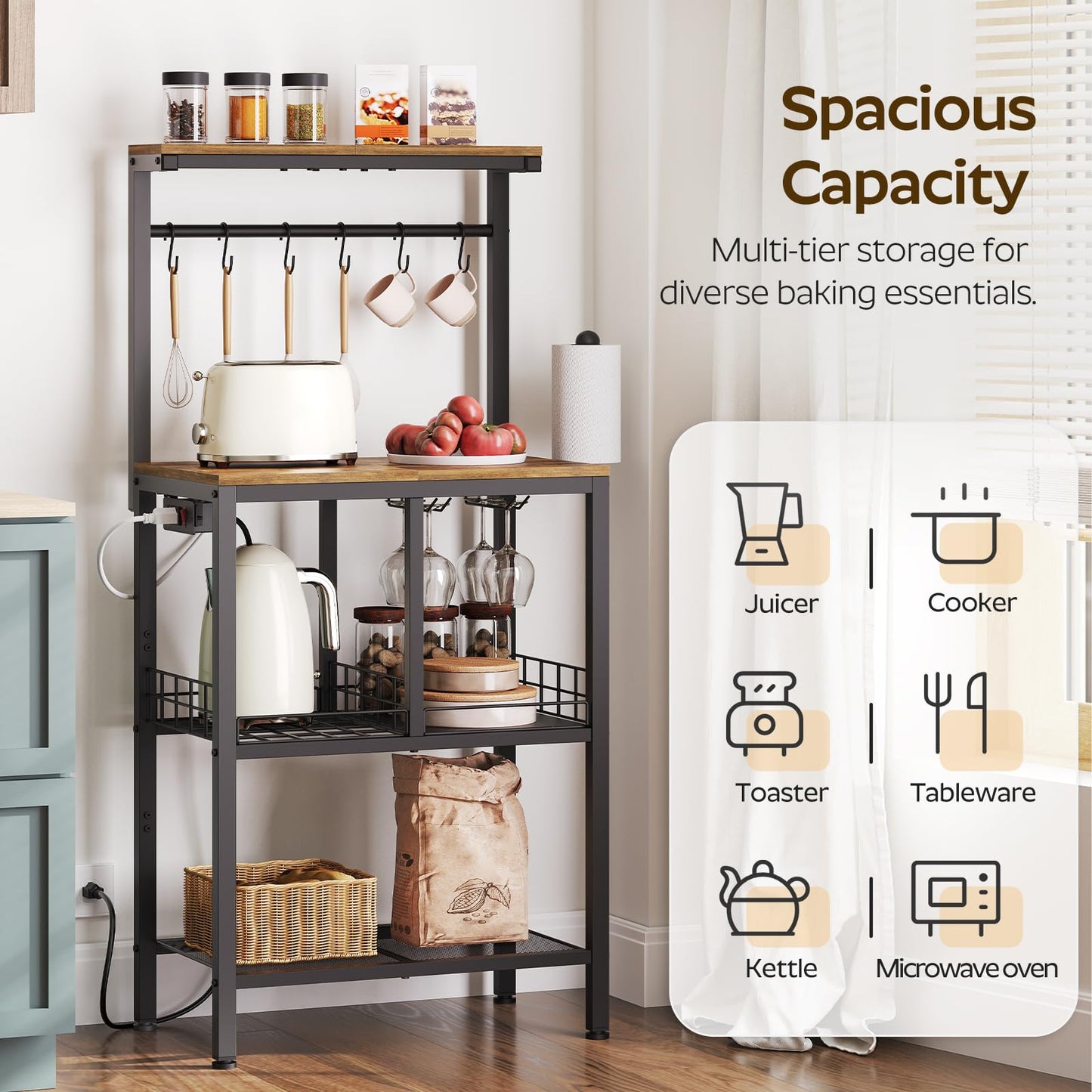 YATINEY Bakers Rack with Power Outlet, Microwave Stand with Paper Holder, Coffee Bar Station with Wine Glass Holder, 4-Tier Kitchen Storage Rack for Dining Room, Living Room, Rustic Brown HB02UBR