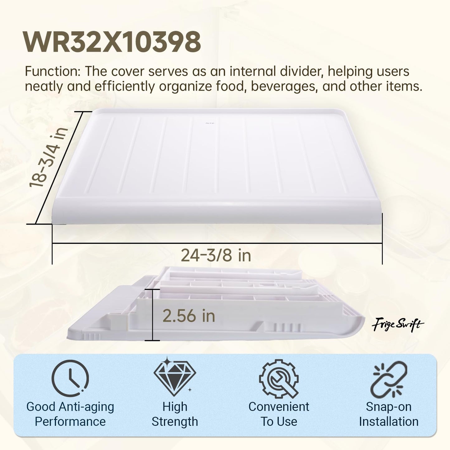 WR32X10398 Crisper Drawer Pan Cover, compatible with 14cf 15cf 17cf GE, Hotpoint, RCA refrigerators, replaces WR32X1083, WR32X1094, AP3426095