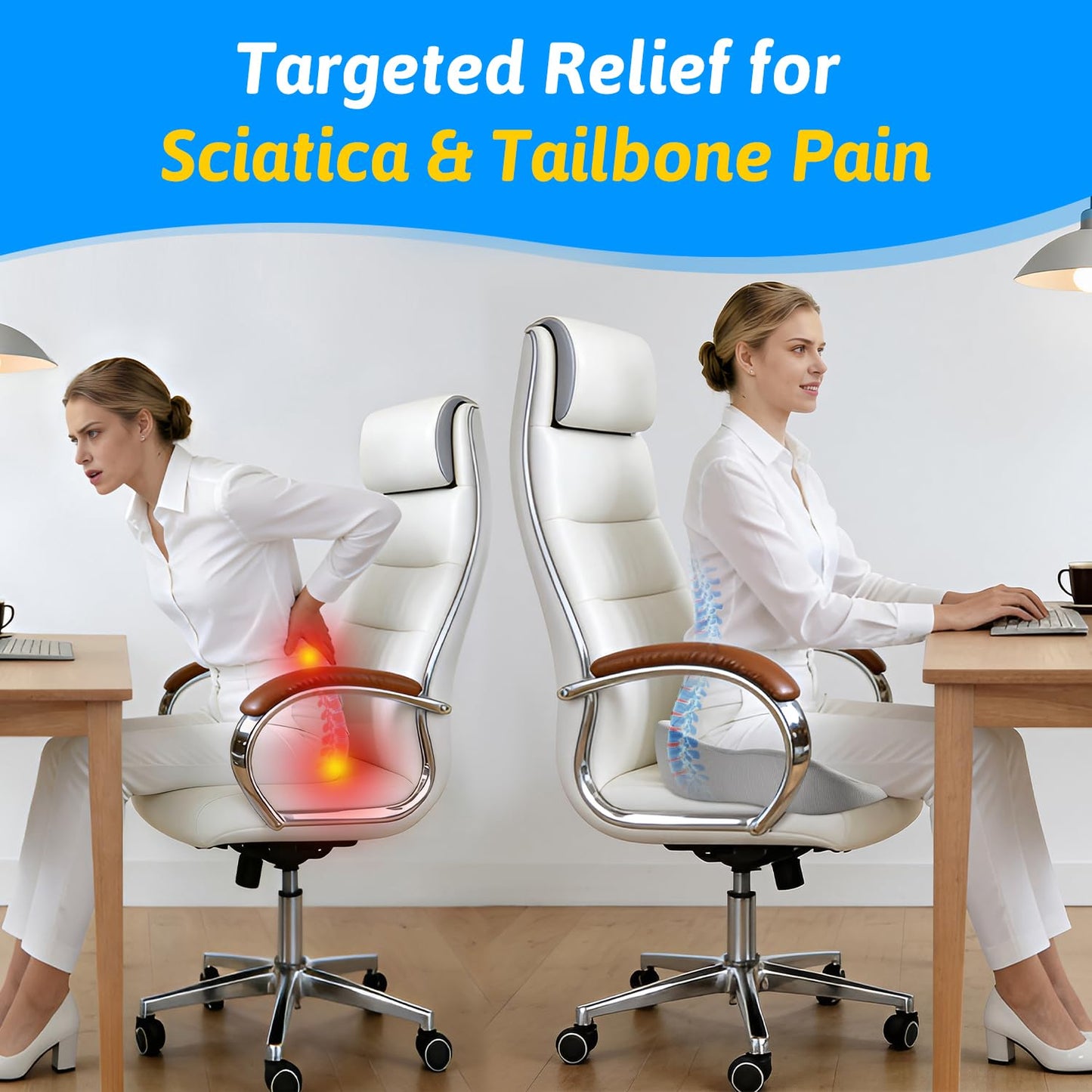 Seat Cushion for Tailbone & Sciatica Pain Relief - Plush Yet Supportive Ergonomic Memory Foam Chair Cushions for Office Chair, Car, Wheelchair,Airplane & Long Sitting(Light Gray)