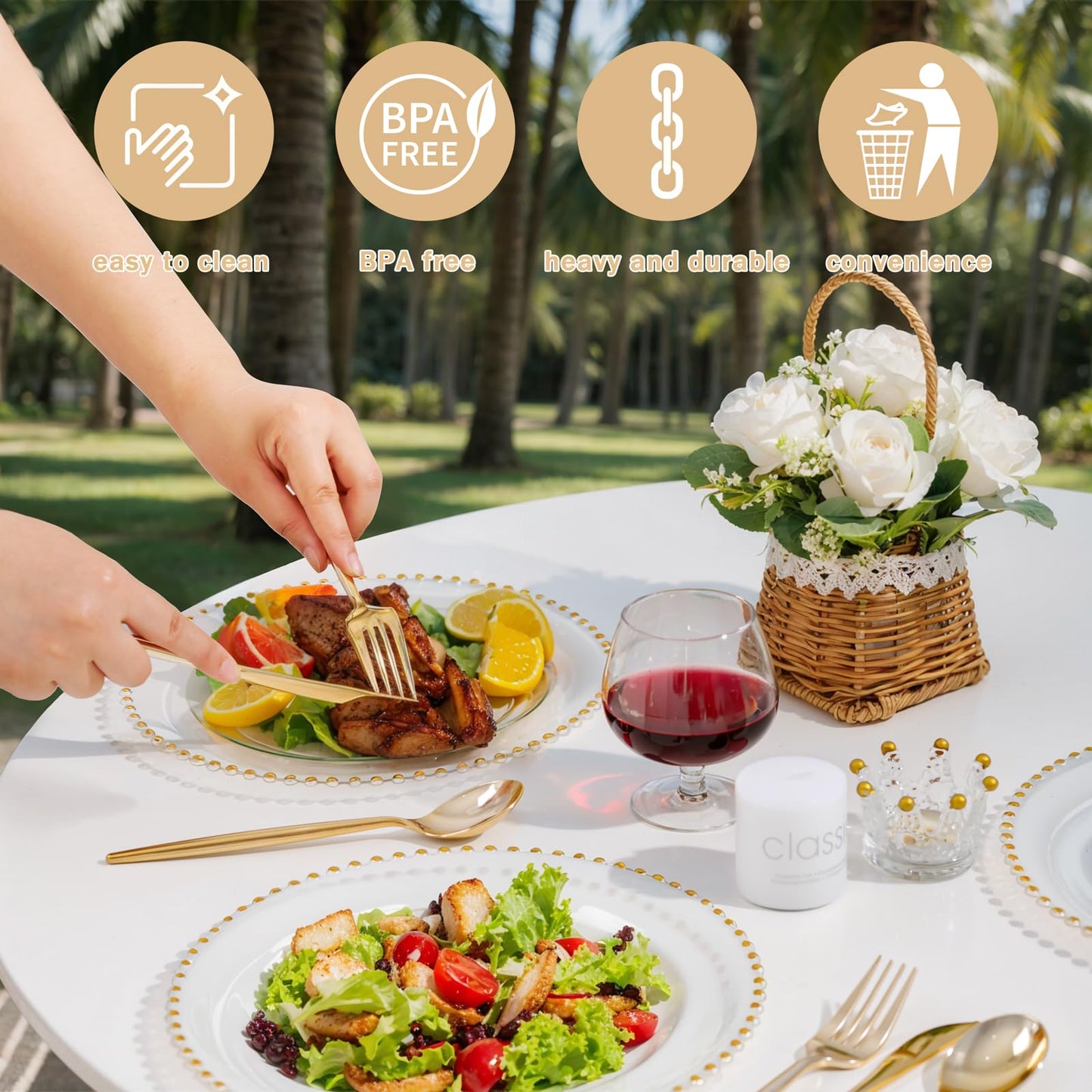 supernal 100pcs Clear Plastic Plates with Gold Beads-Clear and Gold Plastic Plates Disposable Heavy Duty-50 Dinner Plate 10.25inch and 50 Dessert Plate 7.5inch for Wedding,Birthday,Bridal Showers