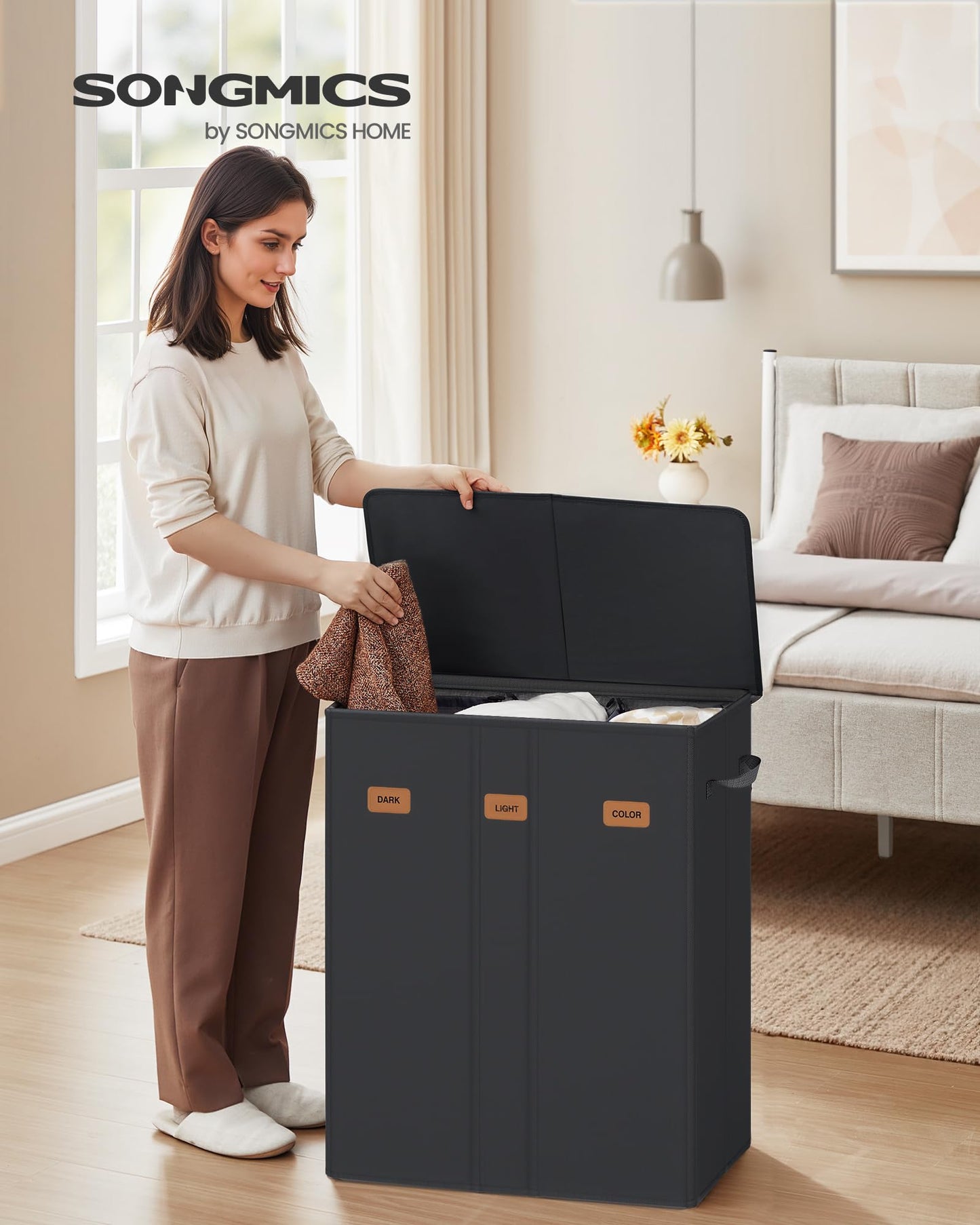 SONGMICS 47.6 Gallon (180 L) Laundry Hamper, 3-Compartment Laundry Basket Sorter with Lid, Labels, Removable Liner Bags, for Bedroom, Ink Black URLH013B01