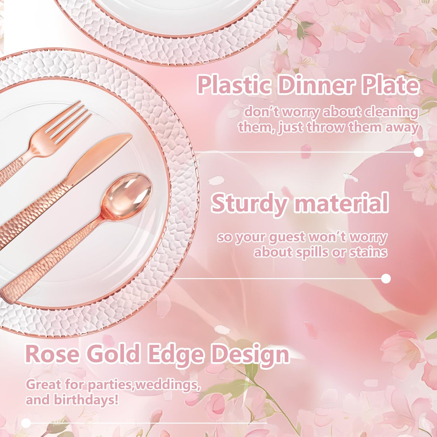 Ciaell 150PCS Rose Gold Plastic Plates – Disposable Plates with Rose Gold Plastic Silverware include 50Plates, 25Forks, 25Knives, 25Spoons, 25Cups for Wedding & Party