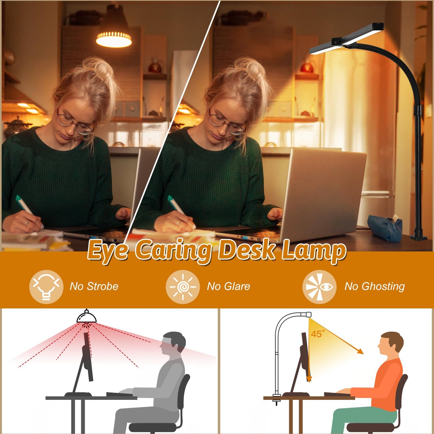 LED Desk Lamp for Office Dorm Home - Eye Caring Desk Light with Timer, Remote Control 24W Brightest Dual Screen Computer Monitor Gooseneck Dimmable Table lamp with Anti-Glare Cover Clamp & Base