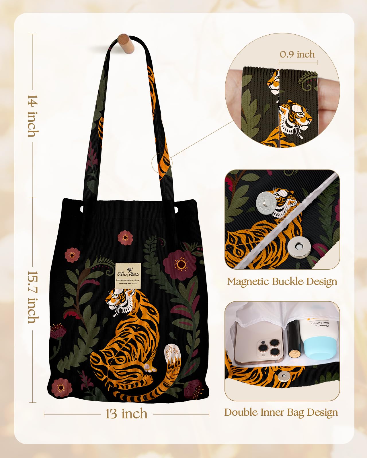 Miss Adola Cute Corduroy Tote Bag - Reusable Totes with Magnetic Buckle & Pocket Aesthetic Design Corduroy Women's Handbags for Work Travel Shopping Grocery Bags, Tiger Flower