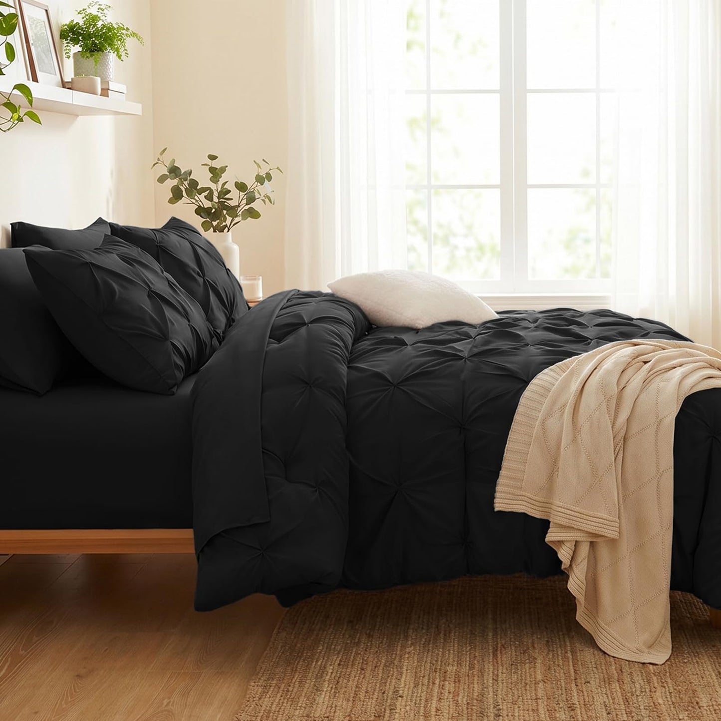 CozyLux Queen Comforter Set Black, 7 Pieces Pintuck Bed in A Bag, All Season Comforter Queen Size, Bed Set Gift for Family, Pinch Pleat Bedding Sets with Comforter, Sheets, Pillowcases & Shams