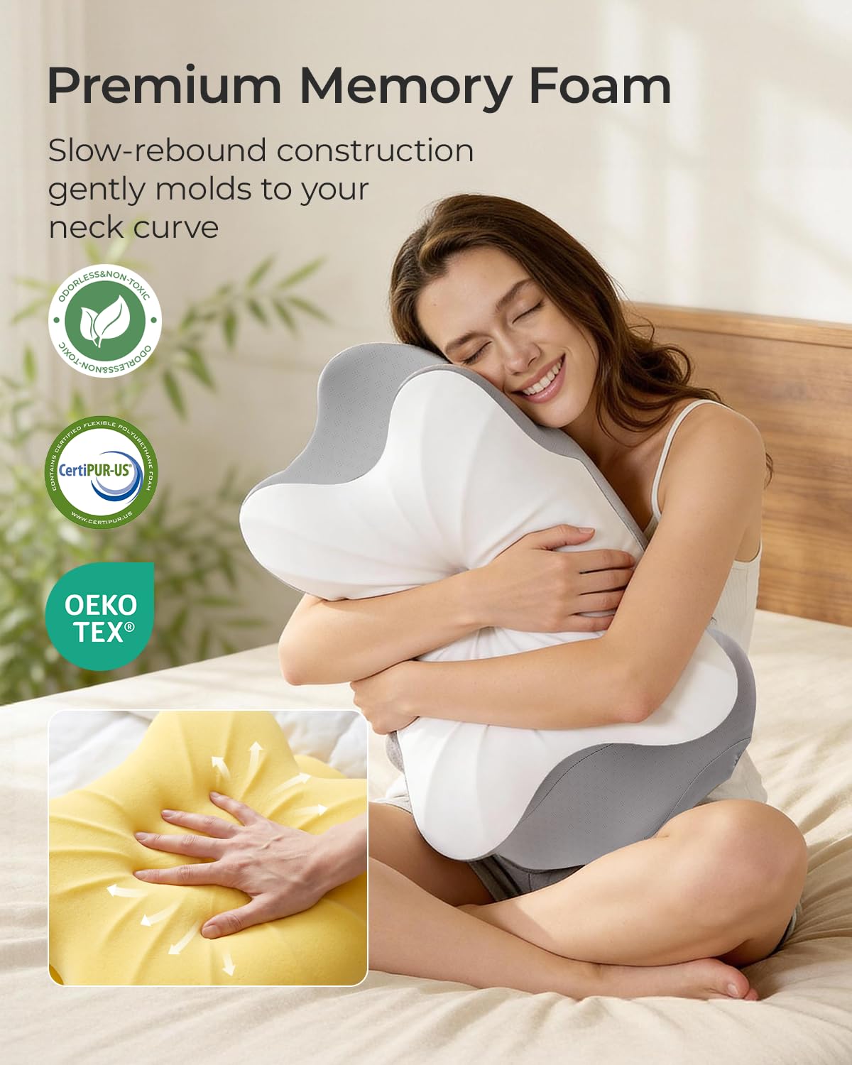 fumacos Cervical Neck Pillow for Neck Pain Relief, Ergonomic Contour Memory Foam Pillow with Cooling Pillowcase, Orthopedic Support Pillows for Side Back Stomach Sleepers, Gray
