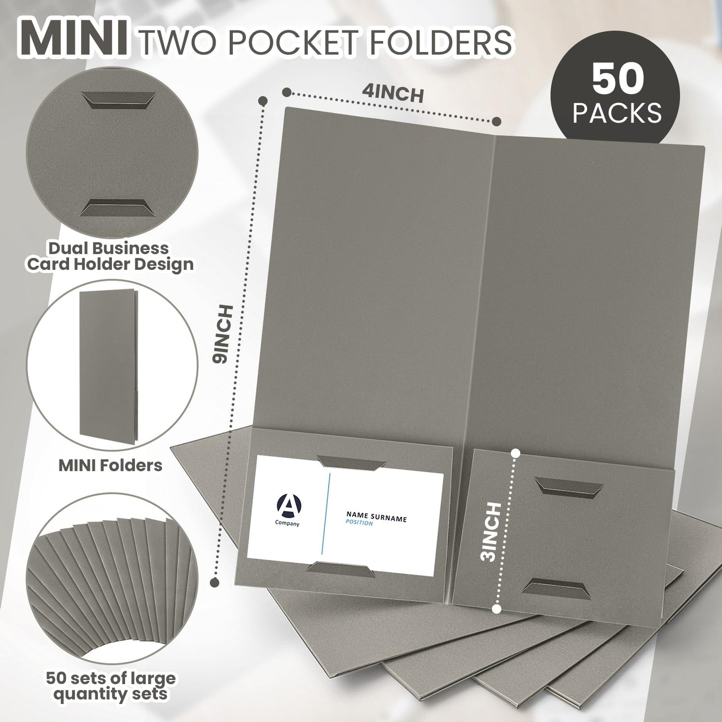Henoyso 50 Pcs 4 x 9 Inch Mini Presentation Folders 2 Pocket Folders Folder with Two Business Card Holders Ideal for Guests Welcome Customer Information Confirmation Receipt Organization (Grey)