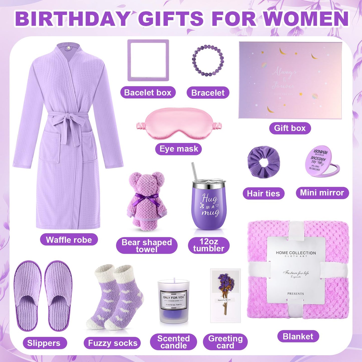 Sieral 14 Pcs Birthday Gifts for Women Care Blanket Gifts Set Spa Baskets Get Well Soon Gift Baskets Mother's Day Gift for Women Mom Her Girlfriend Sister Daughter Friend Wife Grandma(Plain,Purple)