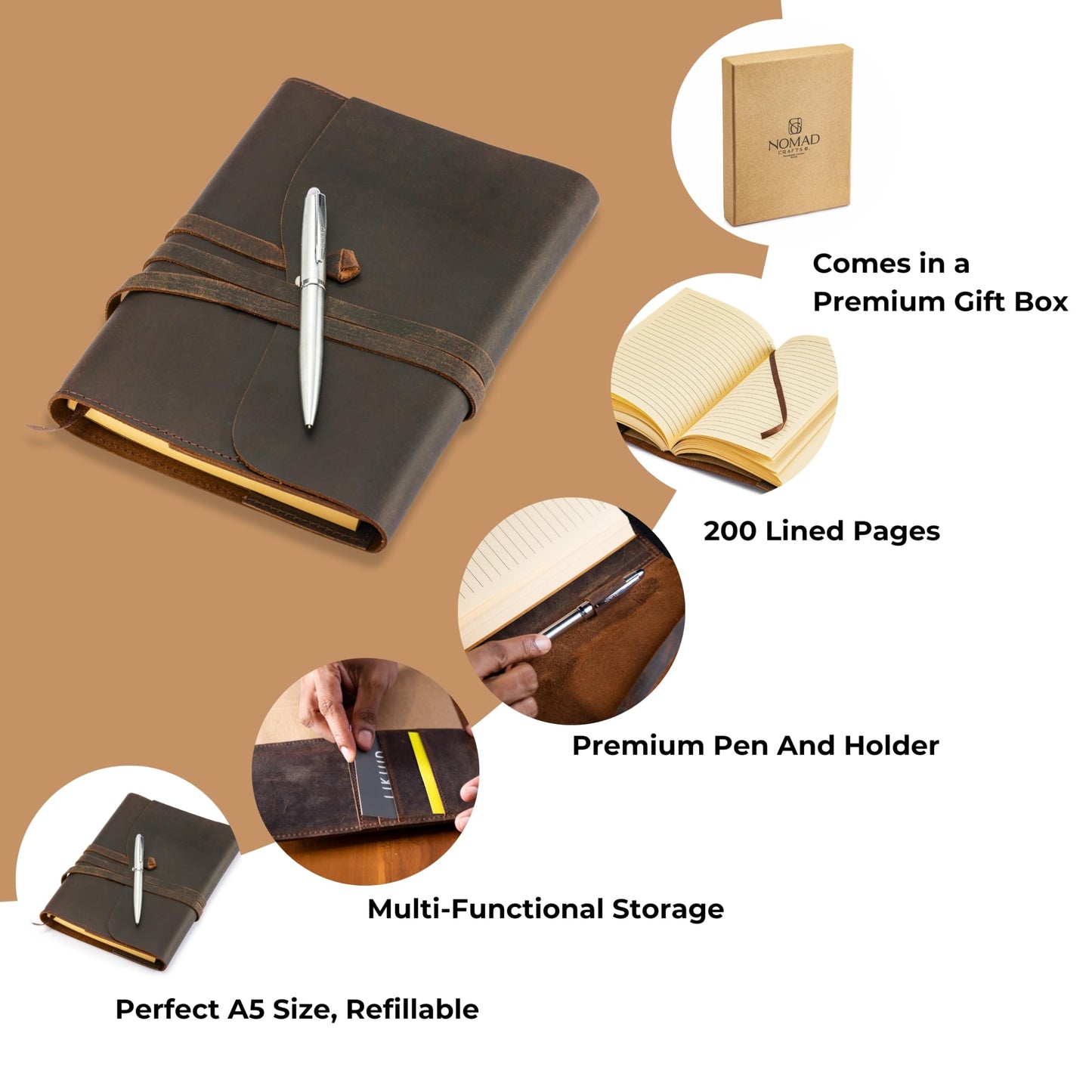Premium Leather Journal for Men Women - Refillable Leather Notebook Cover with Pen - Leather Bound Notebook Lined Paper A5, Travel Journal - Ideal for Writing, Journals, and Notebooks