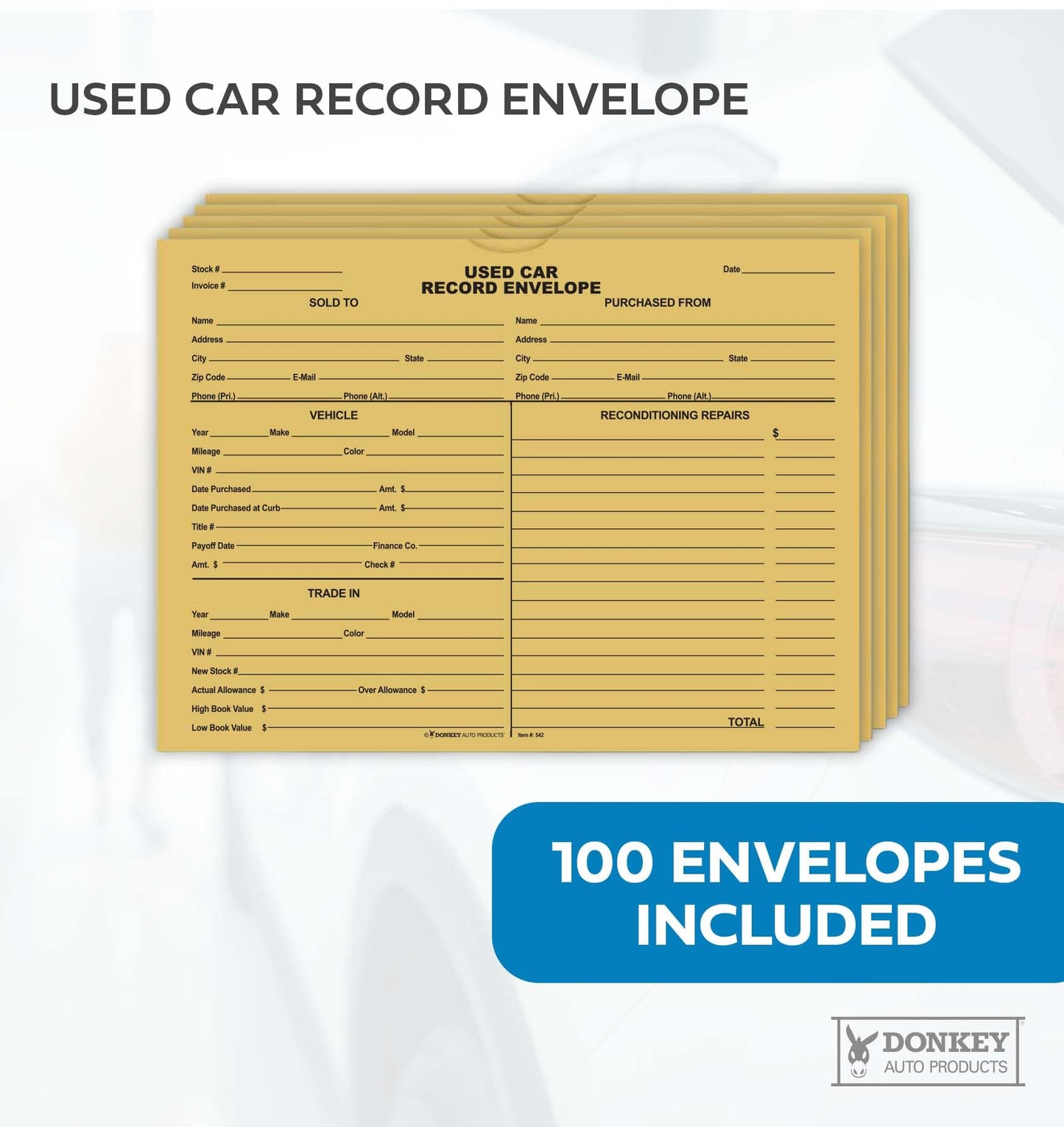 Used Car Record Envelopes - Deal Jackets for Used Vehicles (100 per pack) (Buff)
