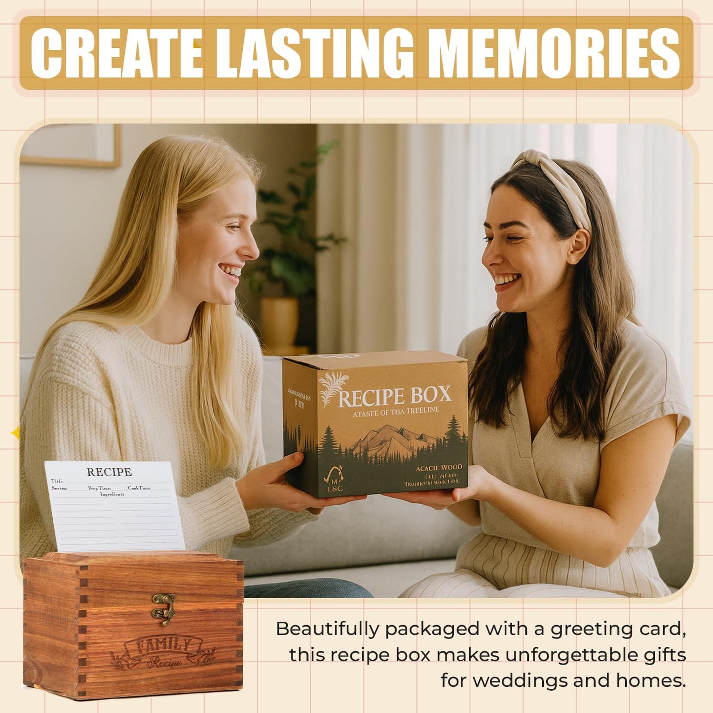 NOFEO Premium Acacia Recipe Box - 100 Double-Sided Cards, Phone Stand & 9 Wooden Dividers | Handcrafted Kitchen Recipe Organizer with Wood Conversion Card | Beautiful Rustic 4x6 Recipe Holder