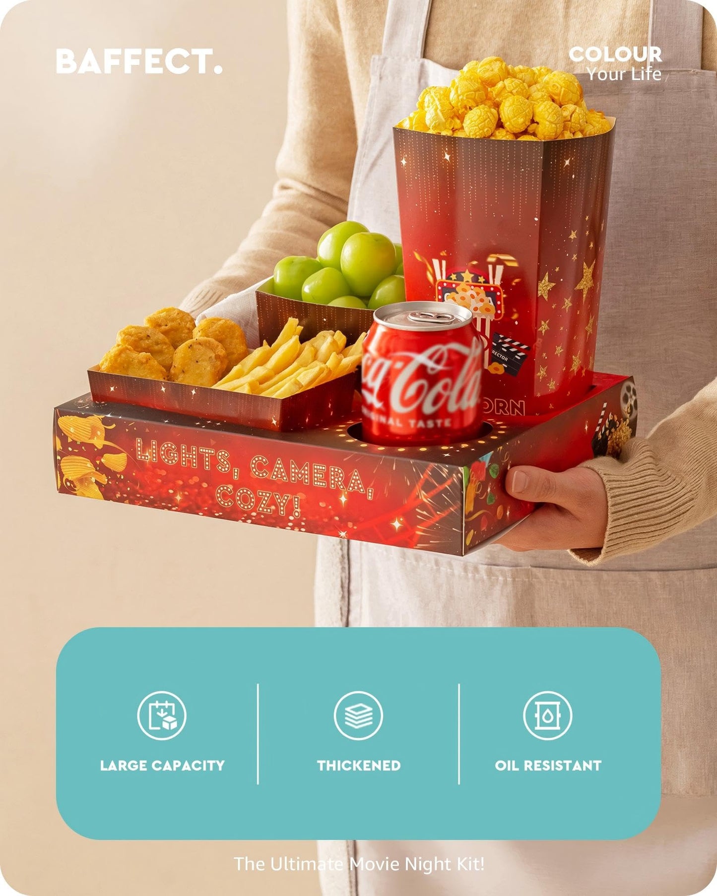 Baffect Movie Night Snack Trays 100pcs Include 20 Movie Night Trays, 20 Popcorn Boxes, 20 Salad Bowls, 20 Nacho Bowls, 20 Movie Party Invitations, Outdoor Movie Night Supplies For Nacho Bar