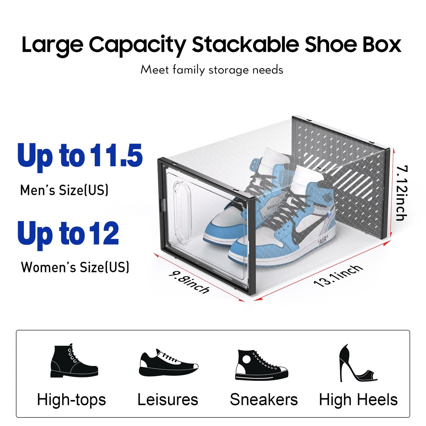 eWonLife X-Large Shoe Boxes with Magnetic Door, 12-Pack Stackable Shoes Storage Organizer for Closet, Clear Plastic Sneaker Container Shoe Rack for Size 12, Black