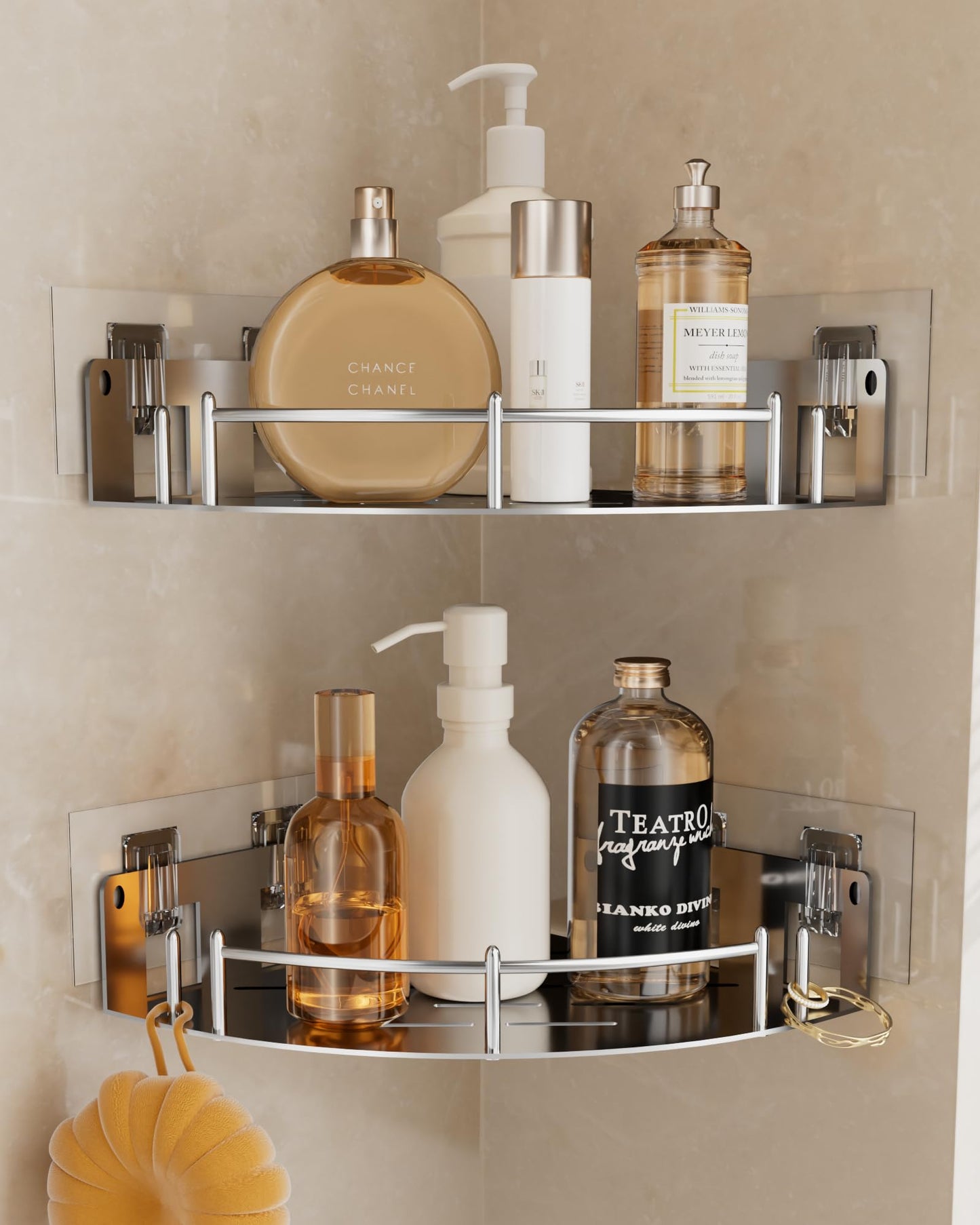 WingChoicE Corner Shower Caddy, Stainless Steel 304, Integrated Molding Bathroom Shelves, Wall Mounted Shower Organizer with Nail Free Adhesive, Suit for Corner Storage Racks in Bath Kitchen(2 Pack)