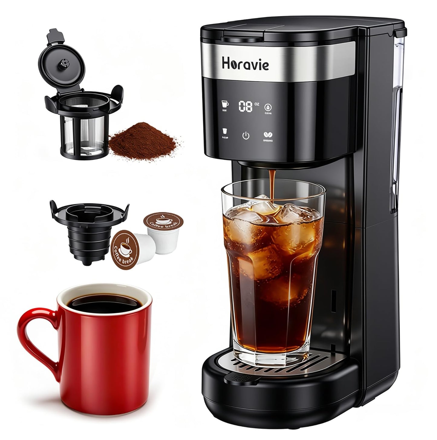 All-in-1 Single Serve Coffee Maker, Fit 7.8" Travel Mug, Hot & Iced K Cup Coffee Machine with 5 Brew Sizes, One Cup Coffee Maker with Descaling and Low Water Alert, 30oz Removable Reservoir, Black